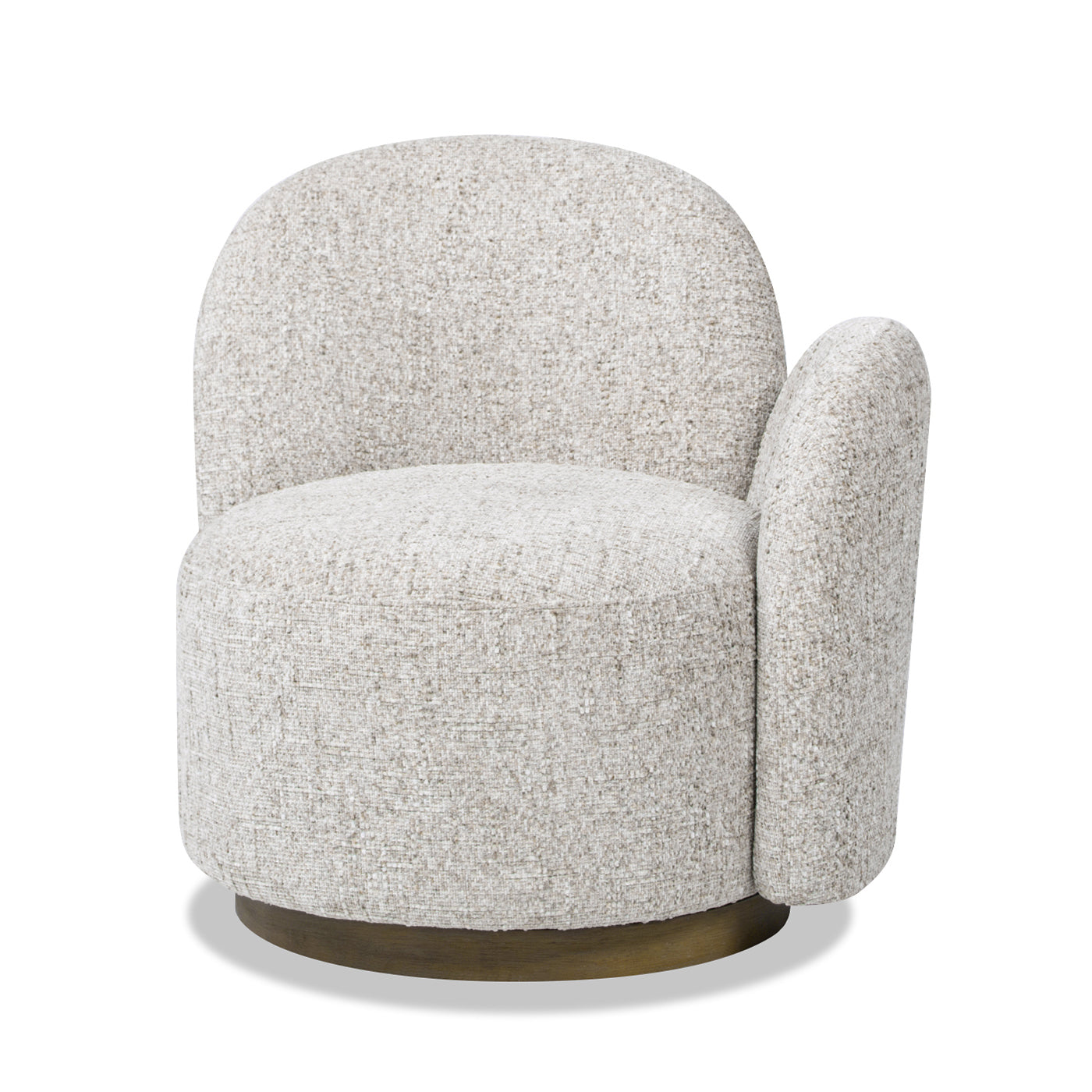 Textured boucle accent chair in cream with a brushed brass swivel base perfect for modern living rooms