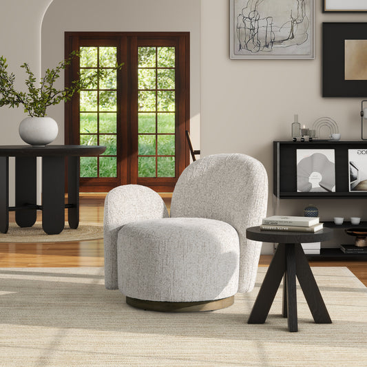 Textured boucle armchair in cream with a swivel base perfect for a modern living room