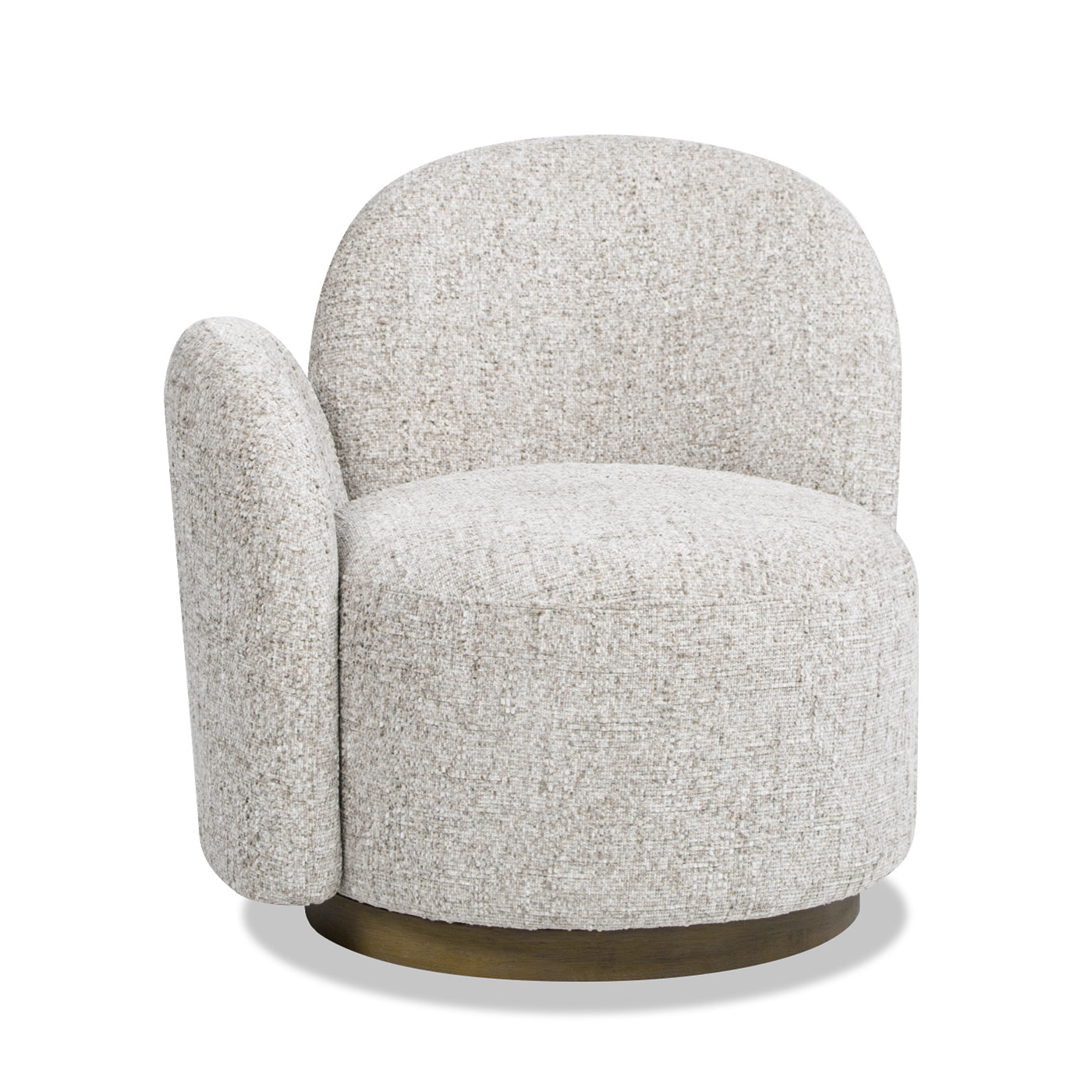 Textured cream swivel armchair with round base and curved arm