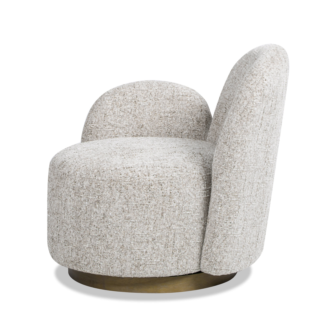 Plush boucle accent chair in a neutral beige featuring a rounded silhouette and brass swivel base