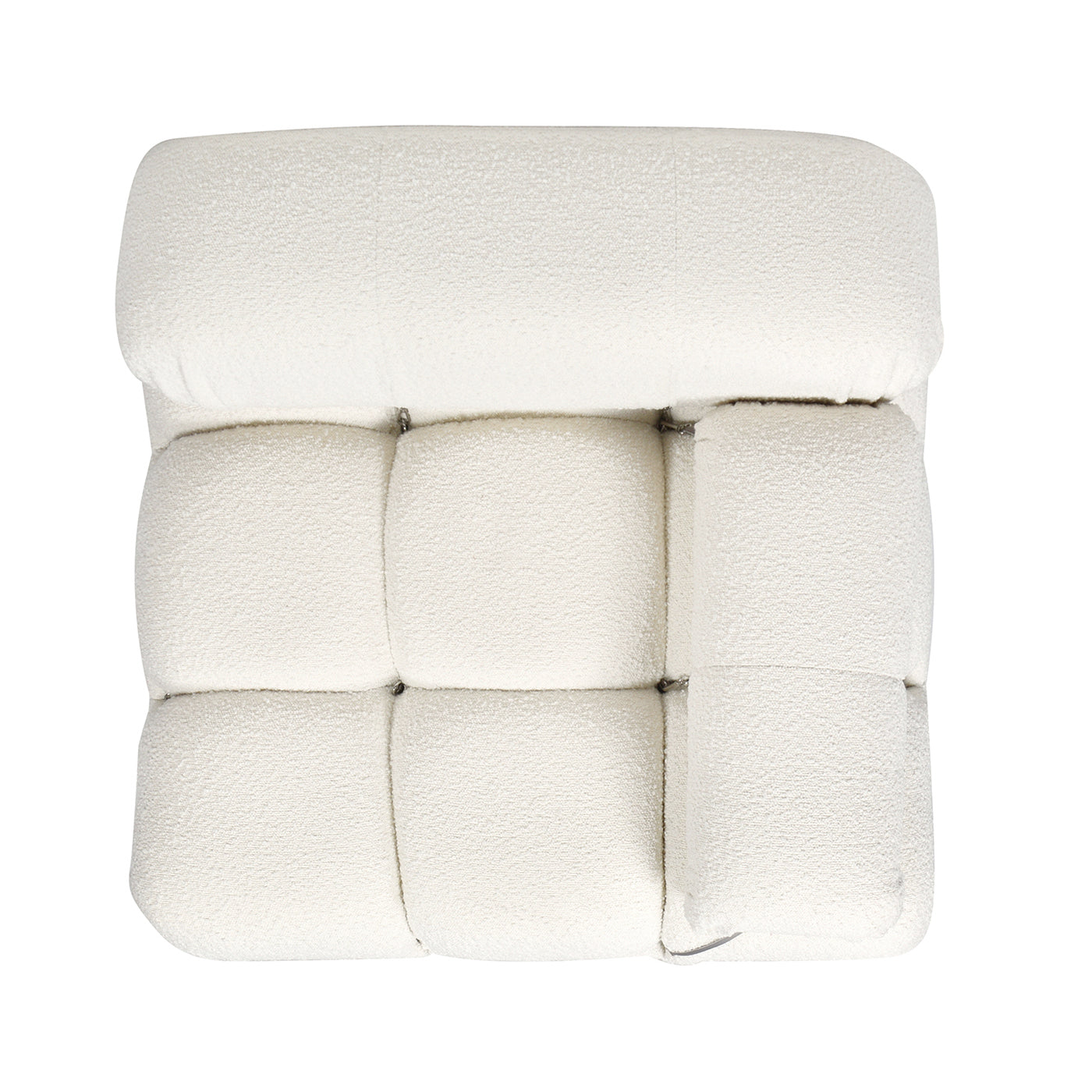 Cream boucle upholstered cube ottoman with plush segmented cushions for stylish living room decor