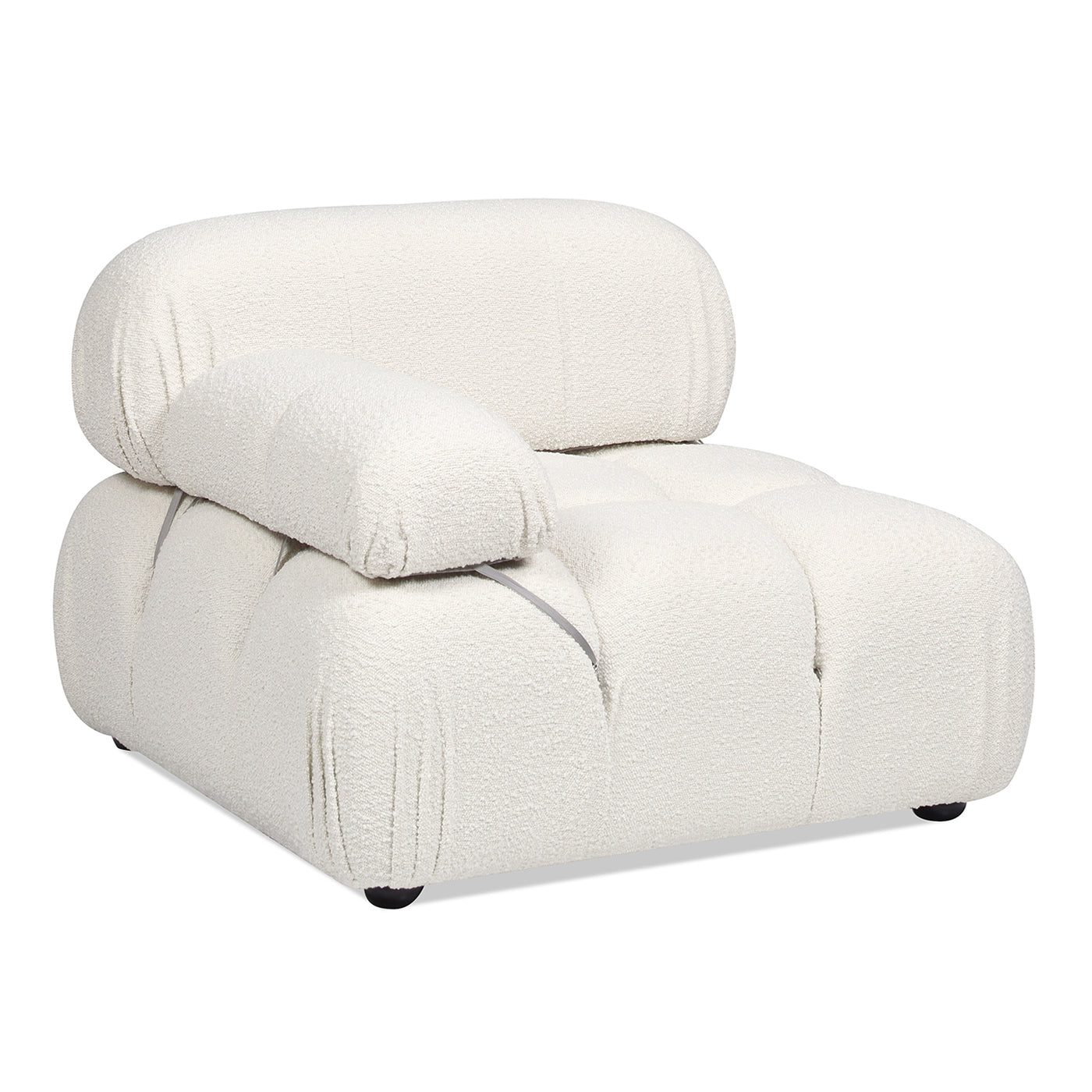 Plush cream boucle armchair with a tufted seat and rolled armrest for cozy living rooms