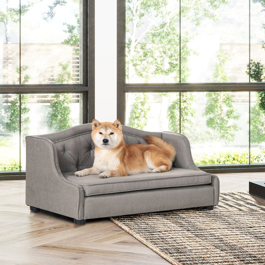 Gray tufted fabric pet sofa with rolled arms perfect for small dogs