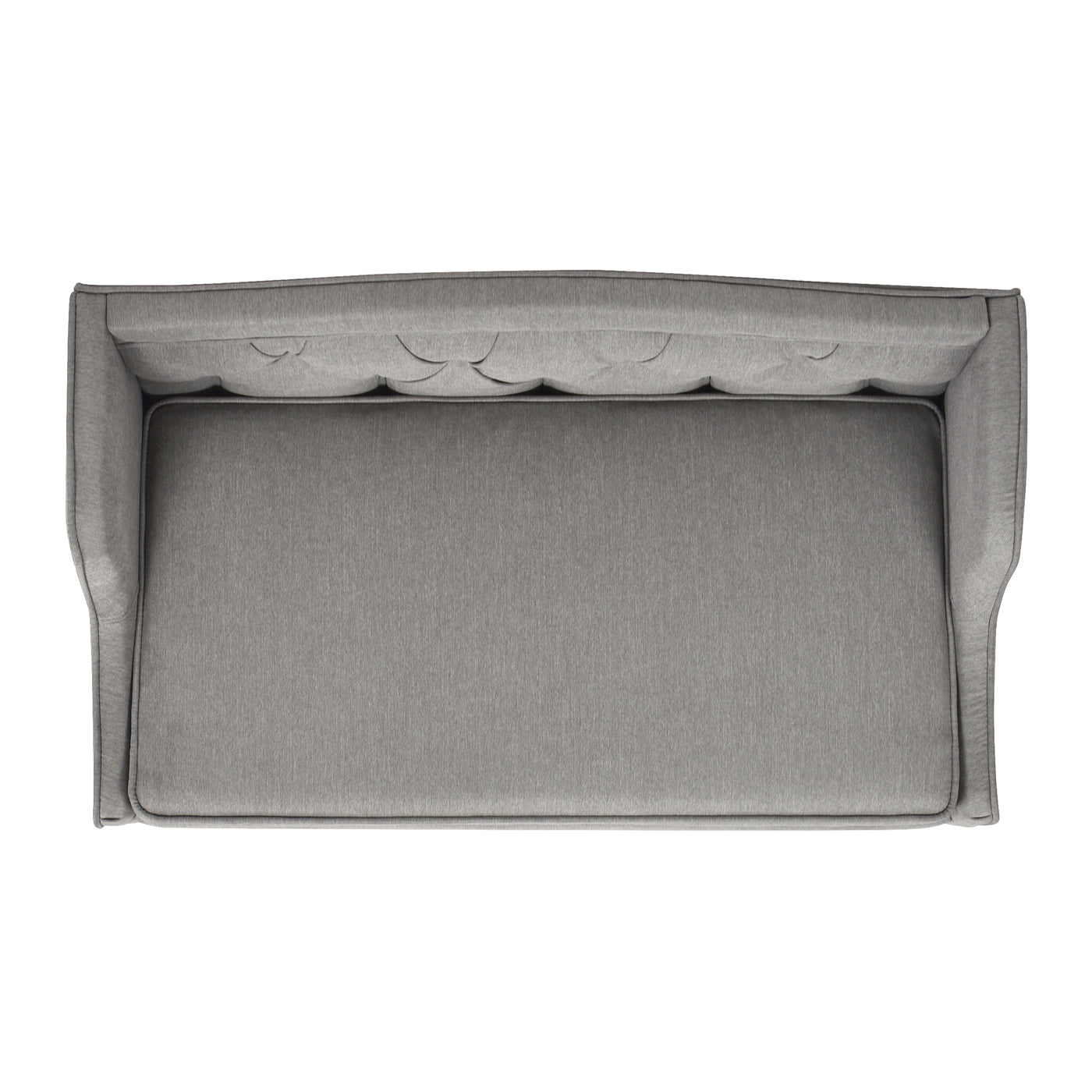 Top view of a grey upholstered pet bed with tufted backrest