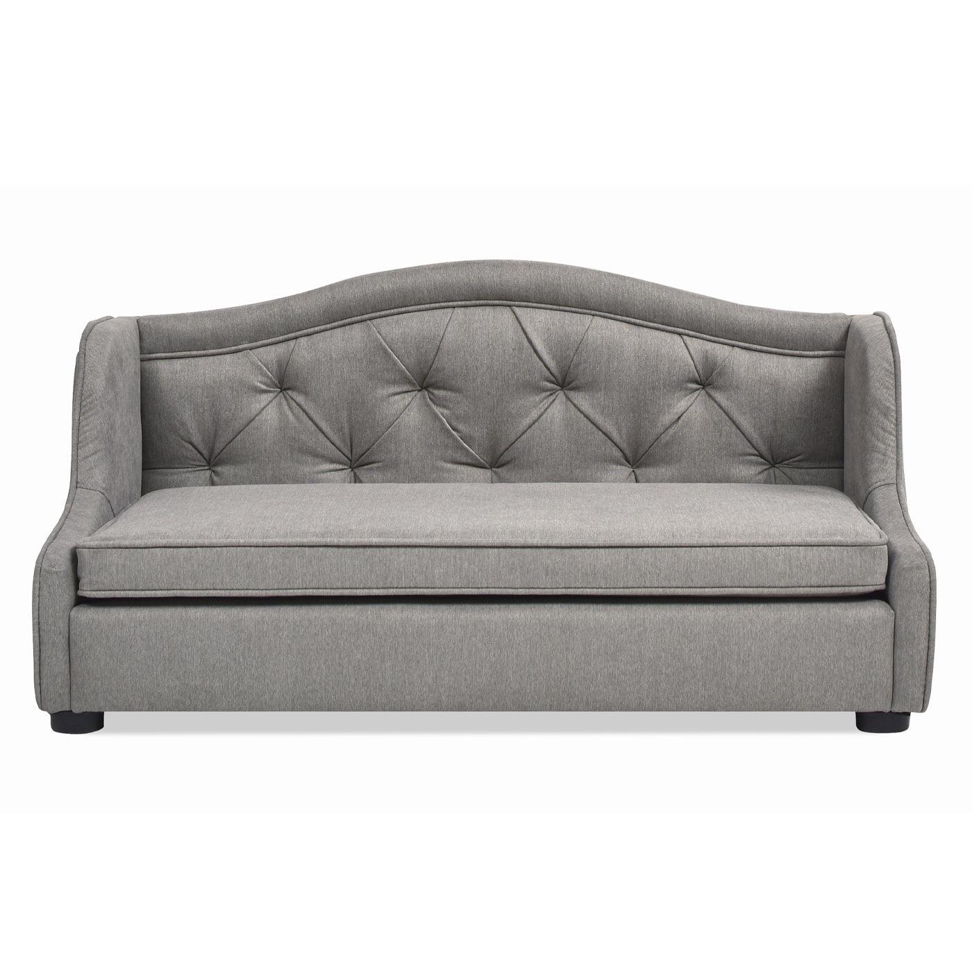 Grey fabric sofa with diamond tufting on the backrest a classic accent piece