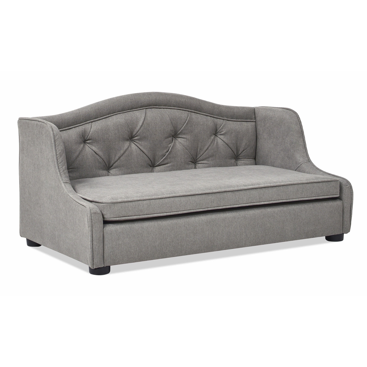 Gray tufted back loveseat with fabric upholstery and classic design