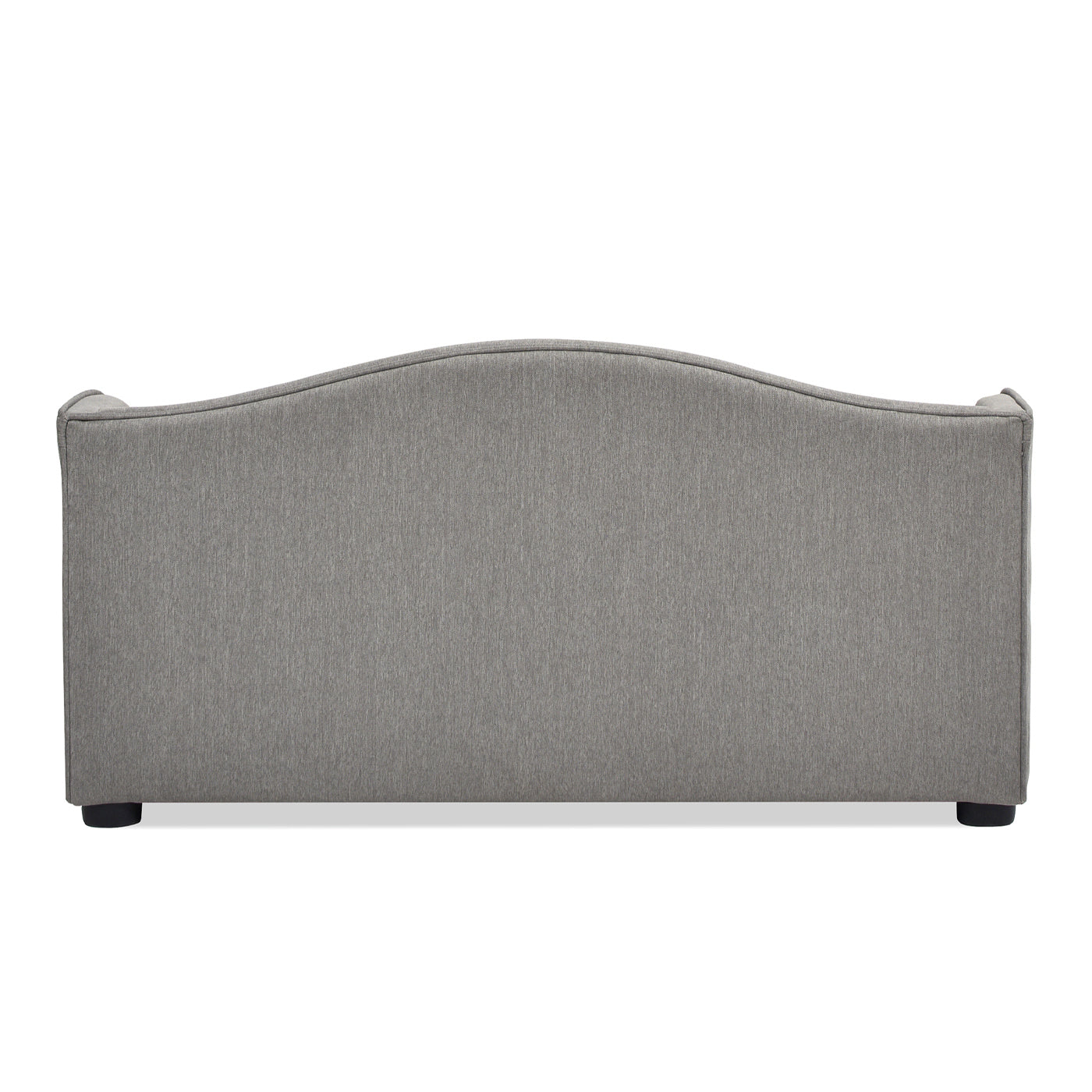 Grey fabric upholstered bed frame with a curved headboard and short black legs