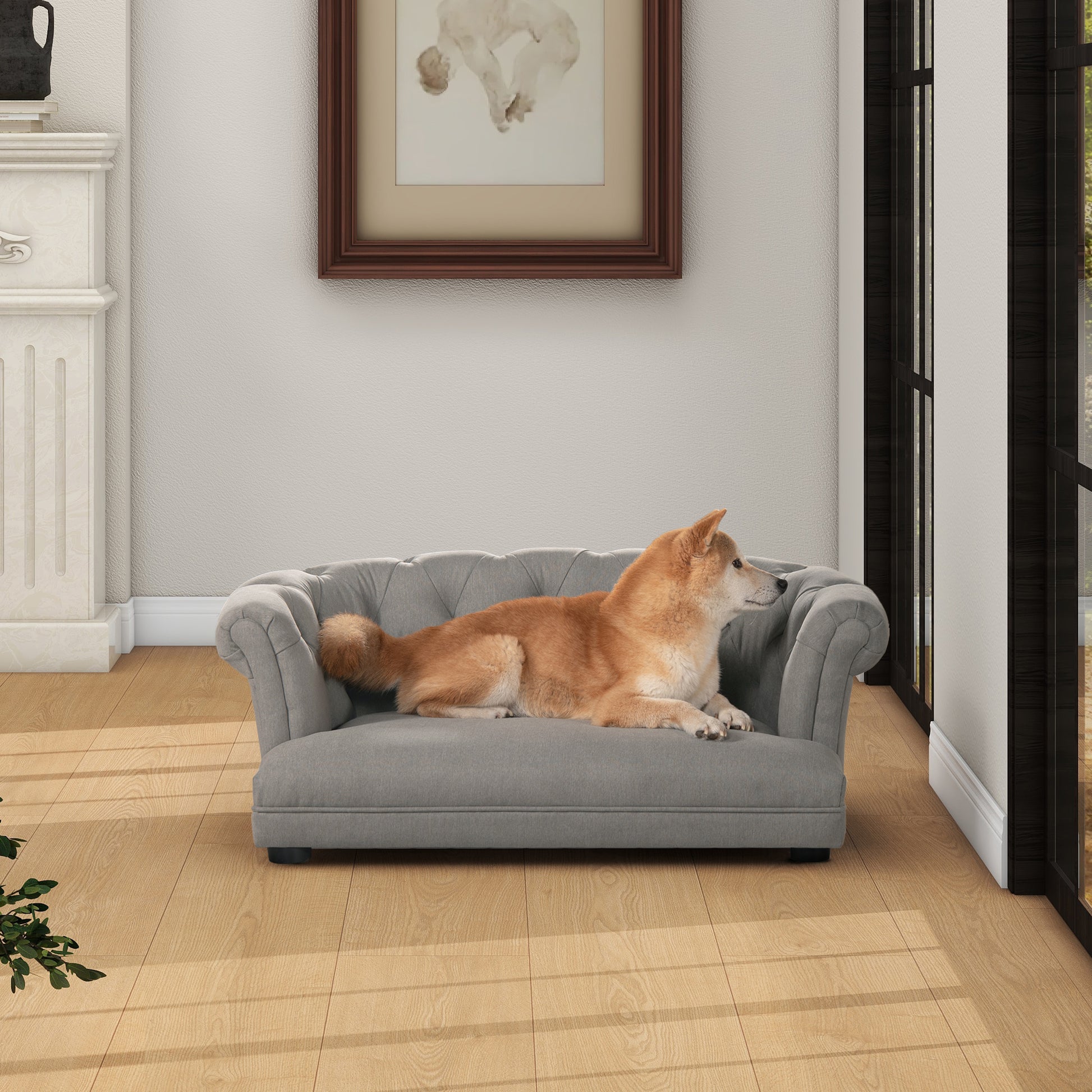 Tufted gray pet sofa with plush cushioning for ultimate dog comfort