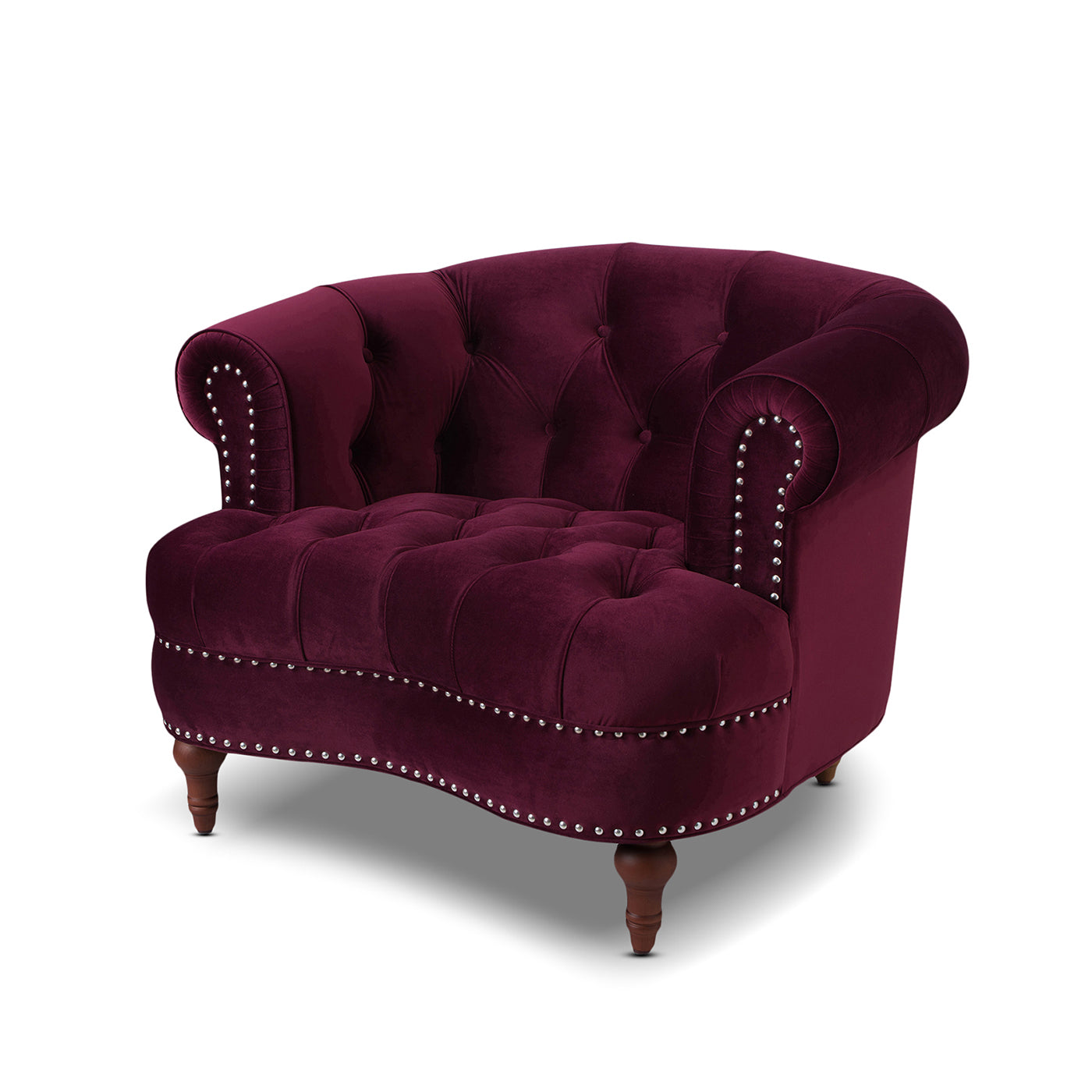 Deep red velvet tufted armchair with silver nailhead trim and dark wood legs