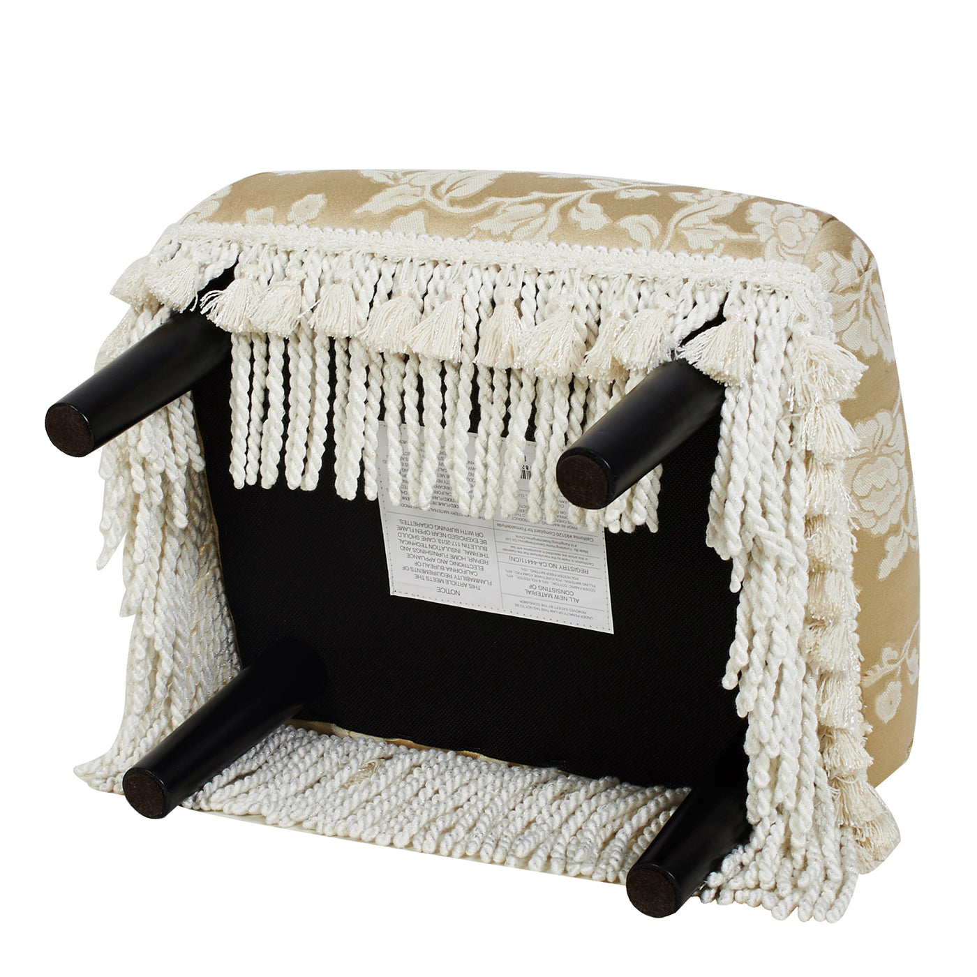 Textured cream fringe and tasseled upholstered stool with black tapered legs