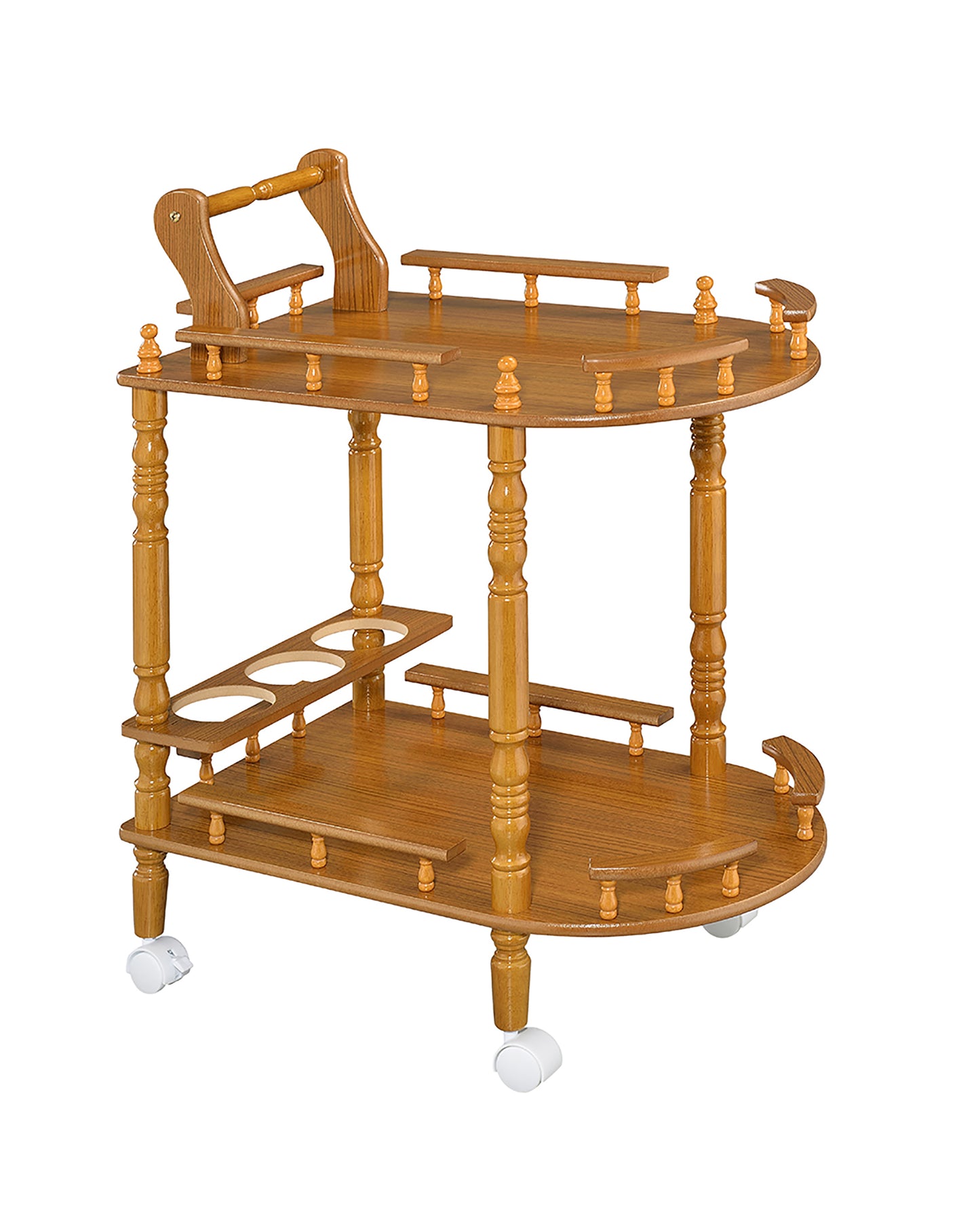 Wooden serving cart with two shelves and cup holders