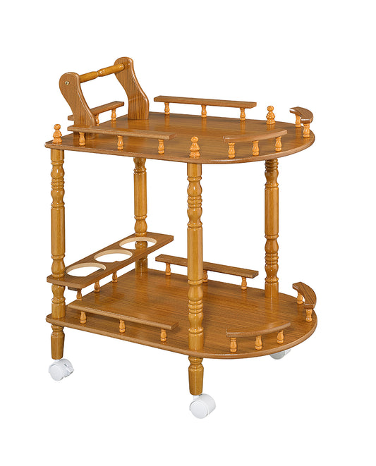 Wooden serving cart with two shelves and cup holders