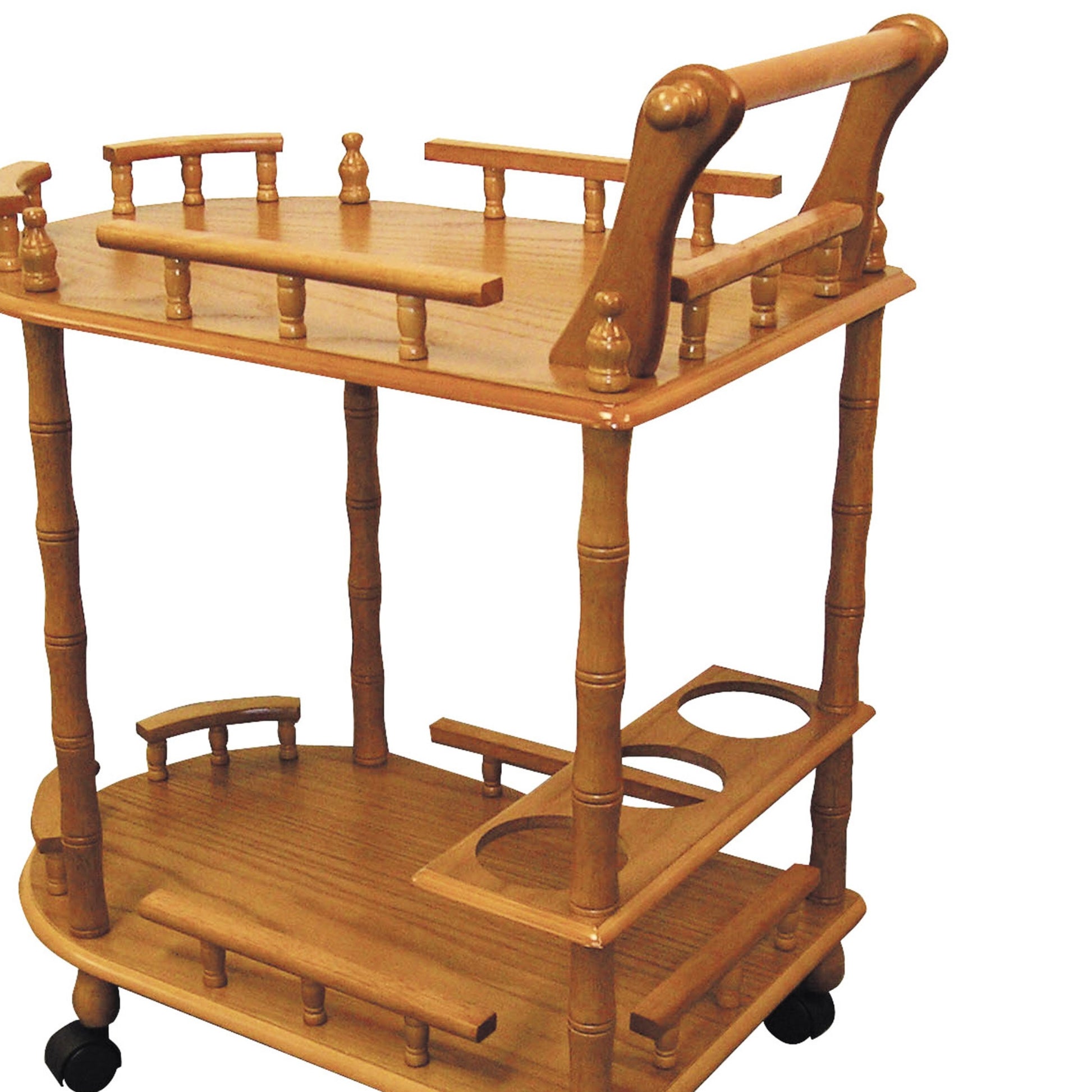 Wooden bar cart with two shelves and a bottle holder