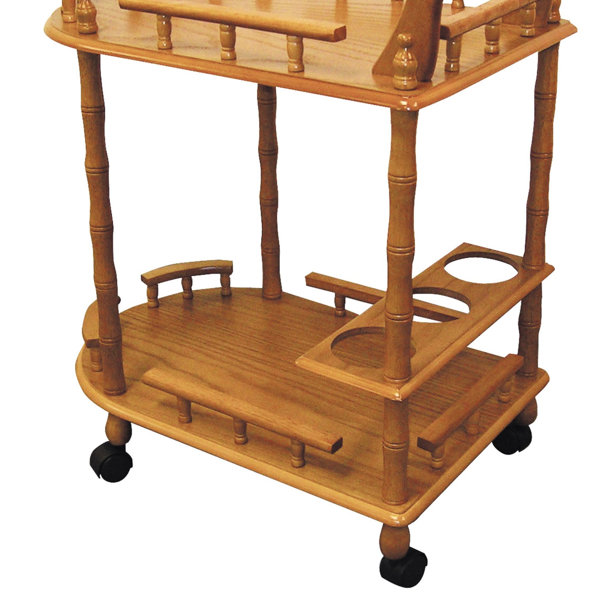 Wooden bar cart with two shelves and integrated glass holders
