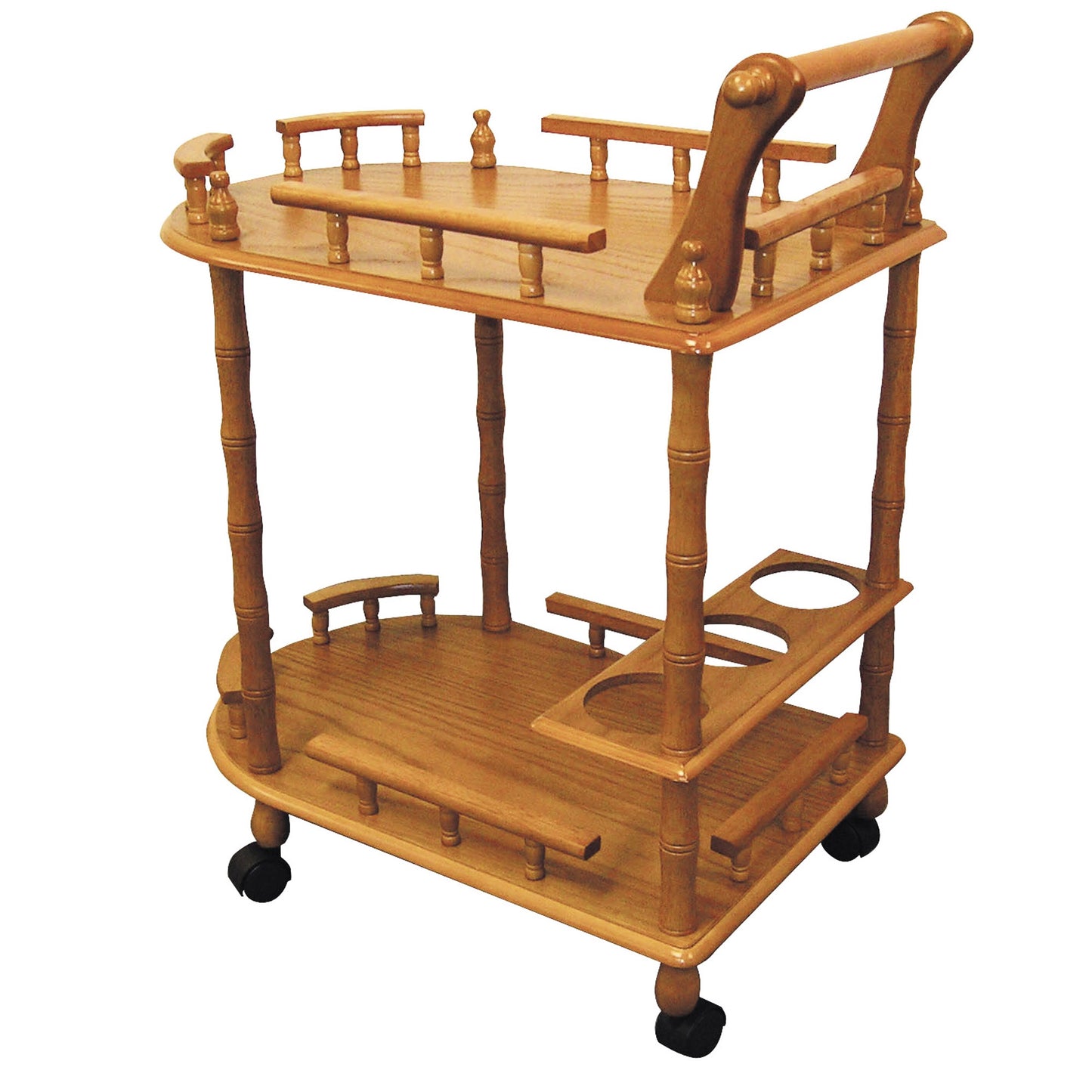Light oak wood serving cart with two shelves and wheels