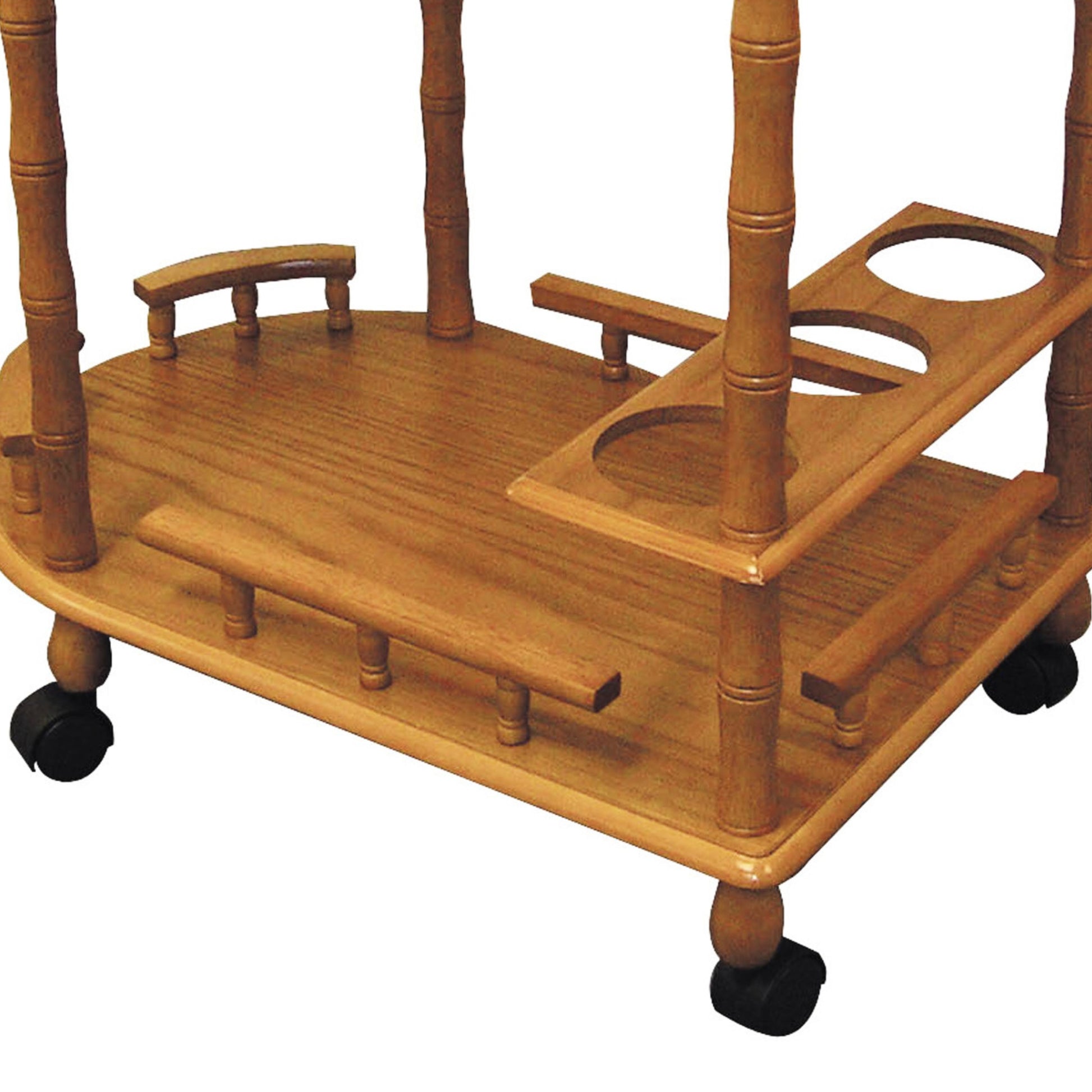Wooden bar cart with three bottle holders and wheels