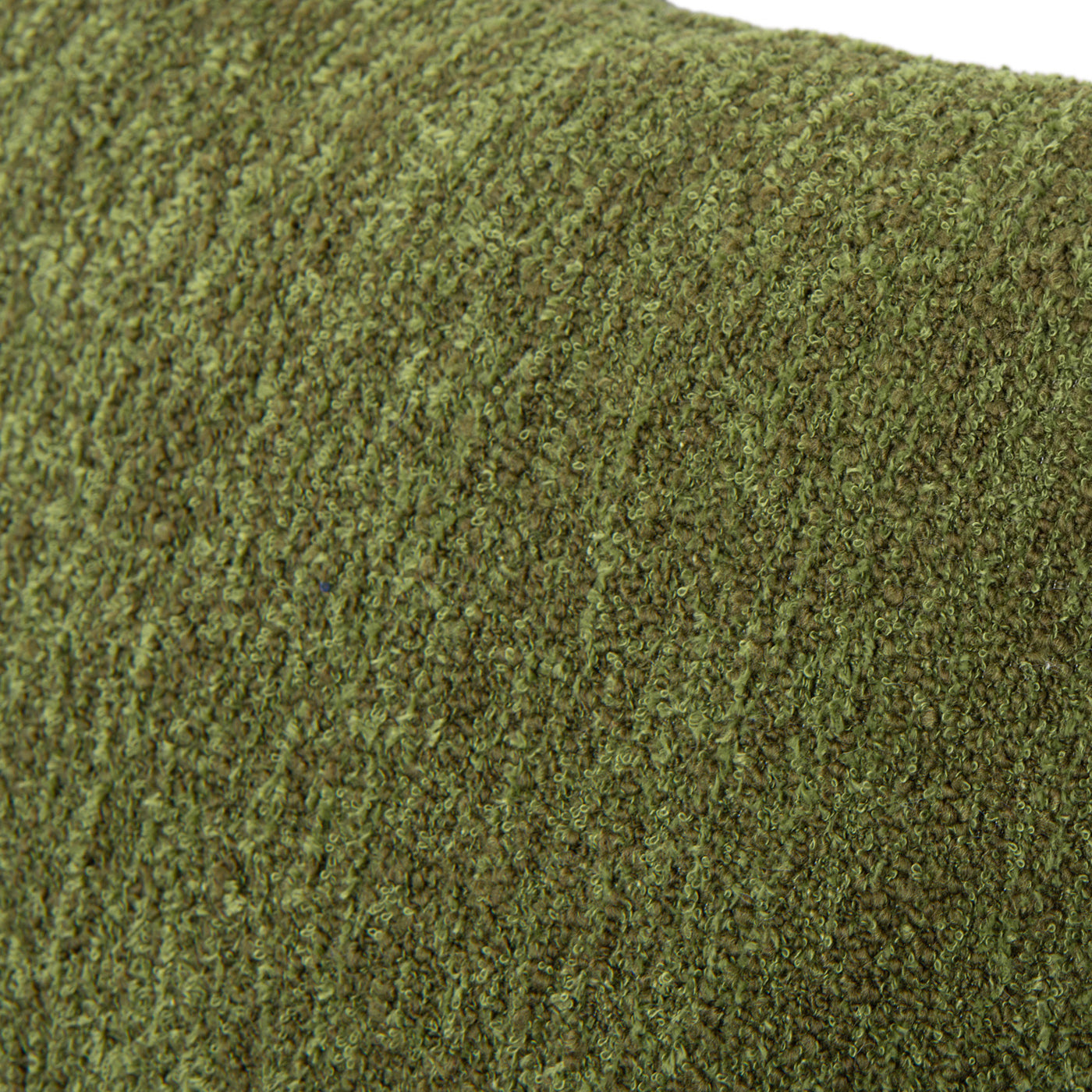 Closeup of textured olive green boucle fabric for upholstery offering a cozy feel