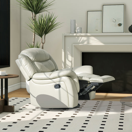 Cream leather power recliner chair with footrest extended in a modern living room setting