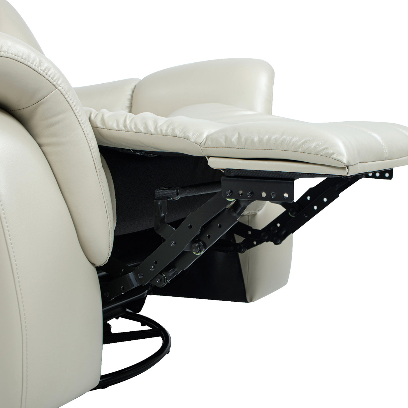 Closeup of a cream leather recliner footrest mechanism extended showing black metal linkages and comfortable padding