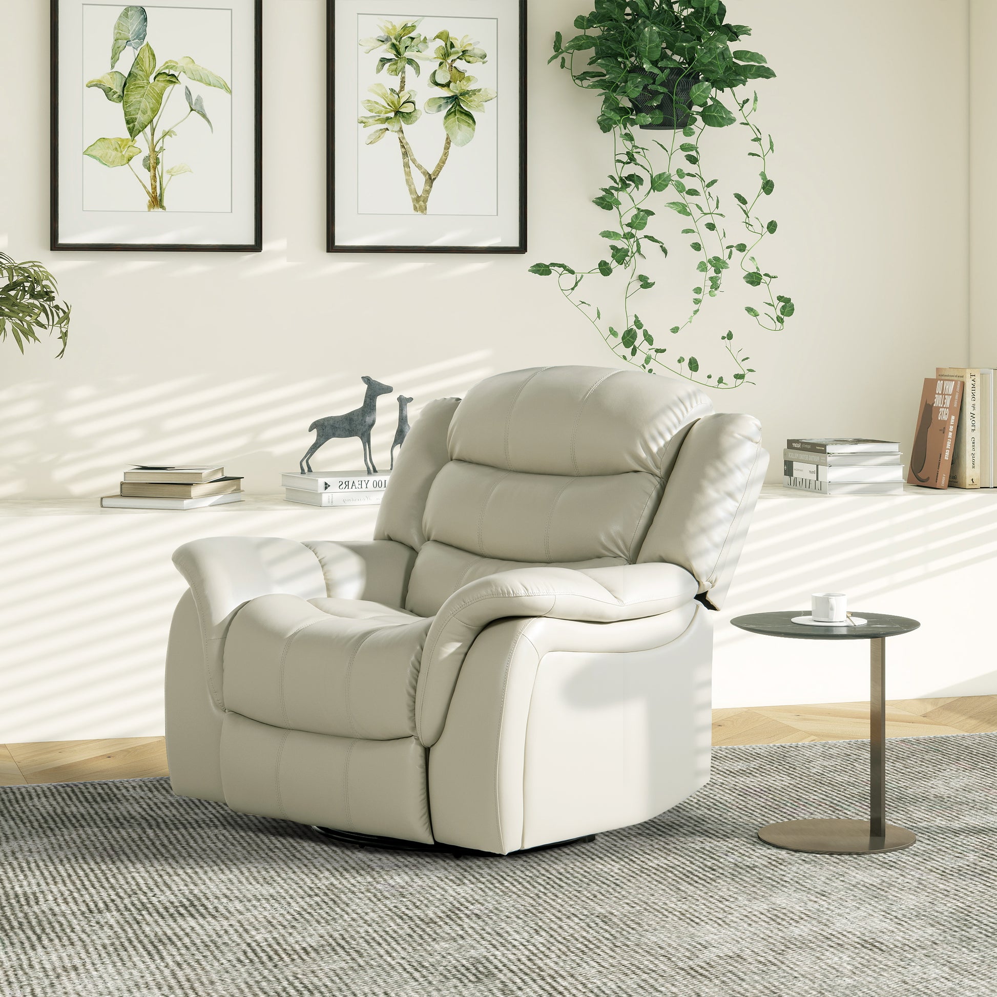 Cream leather reclining armchair with plush cushioning perfect for living room comfort