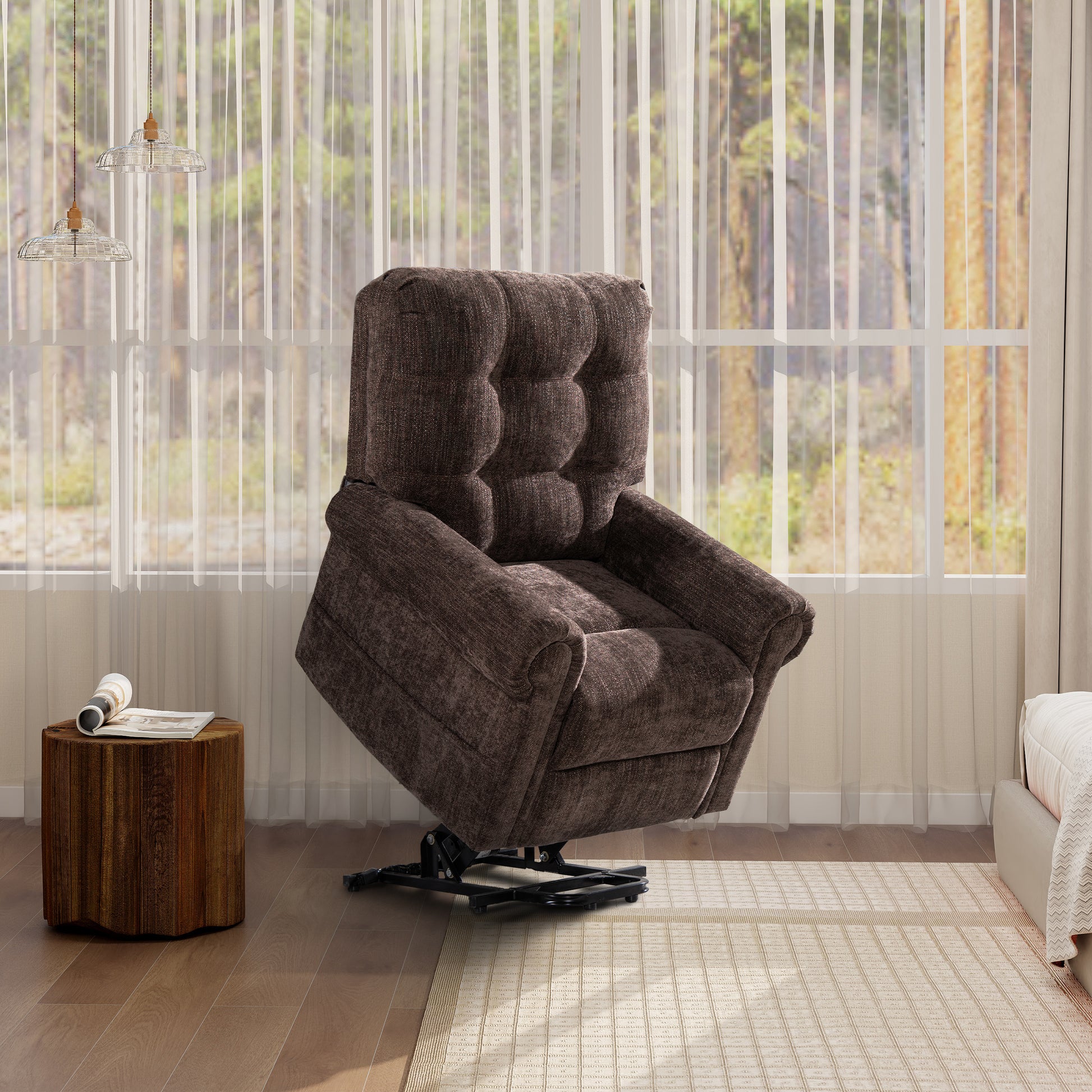 Plush brown fabric lift chair with tufted backrest and adjustable base