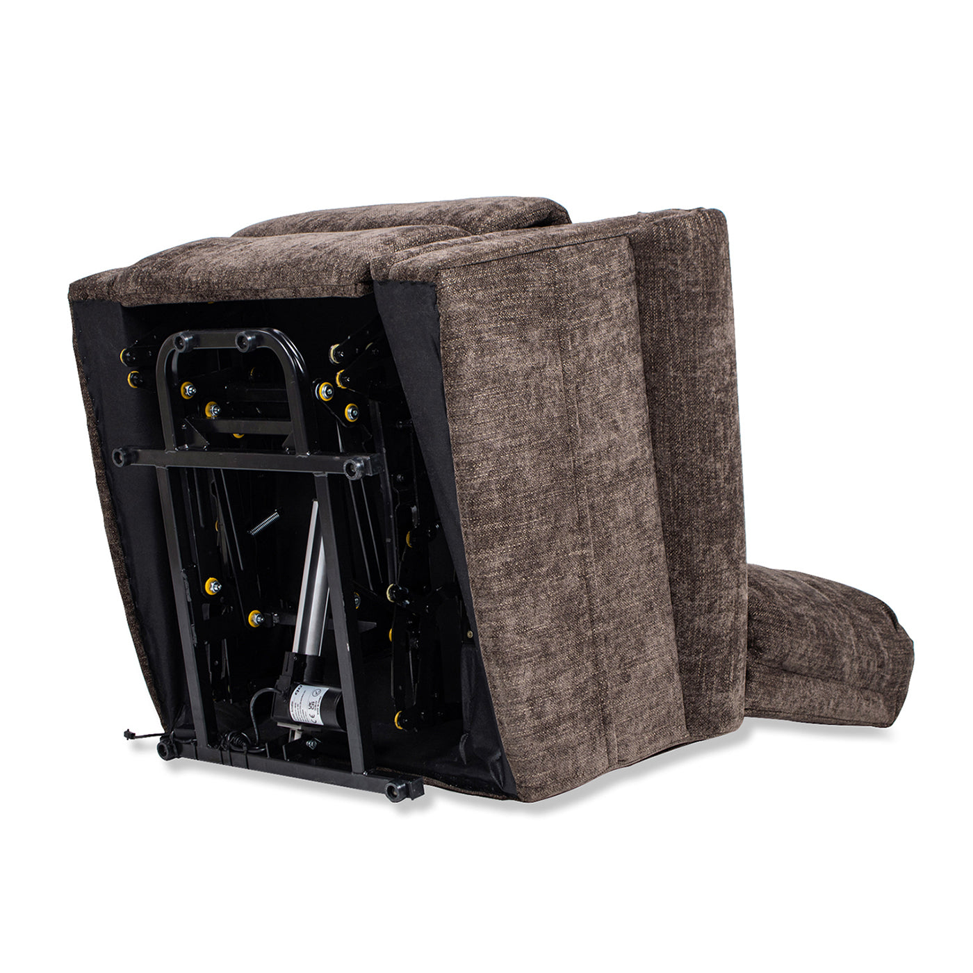 Brown fabric recliner chair with exposed metal lift mechanism and electric motor