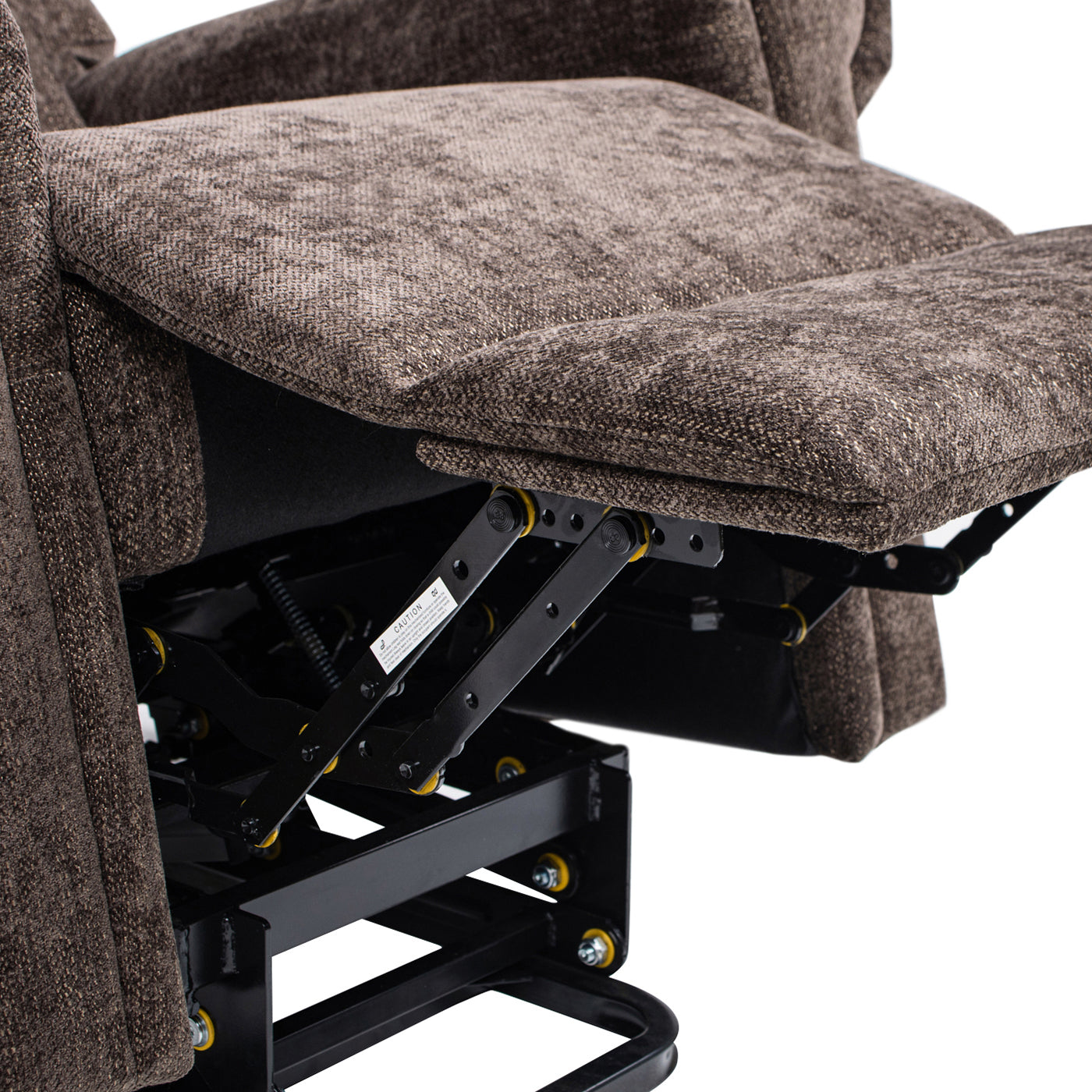 Brown fabric recliner mechanism in detail showing sturdy metal frame
