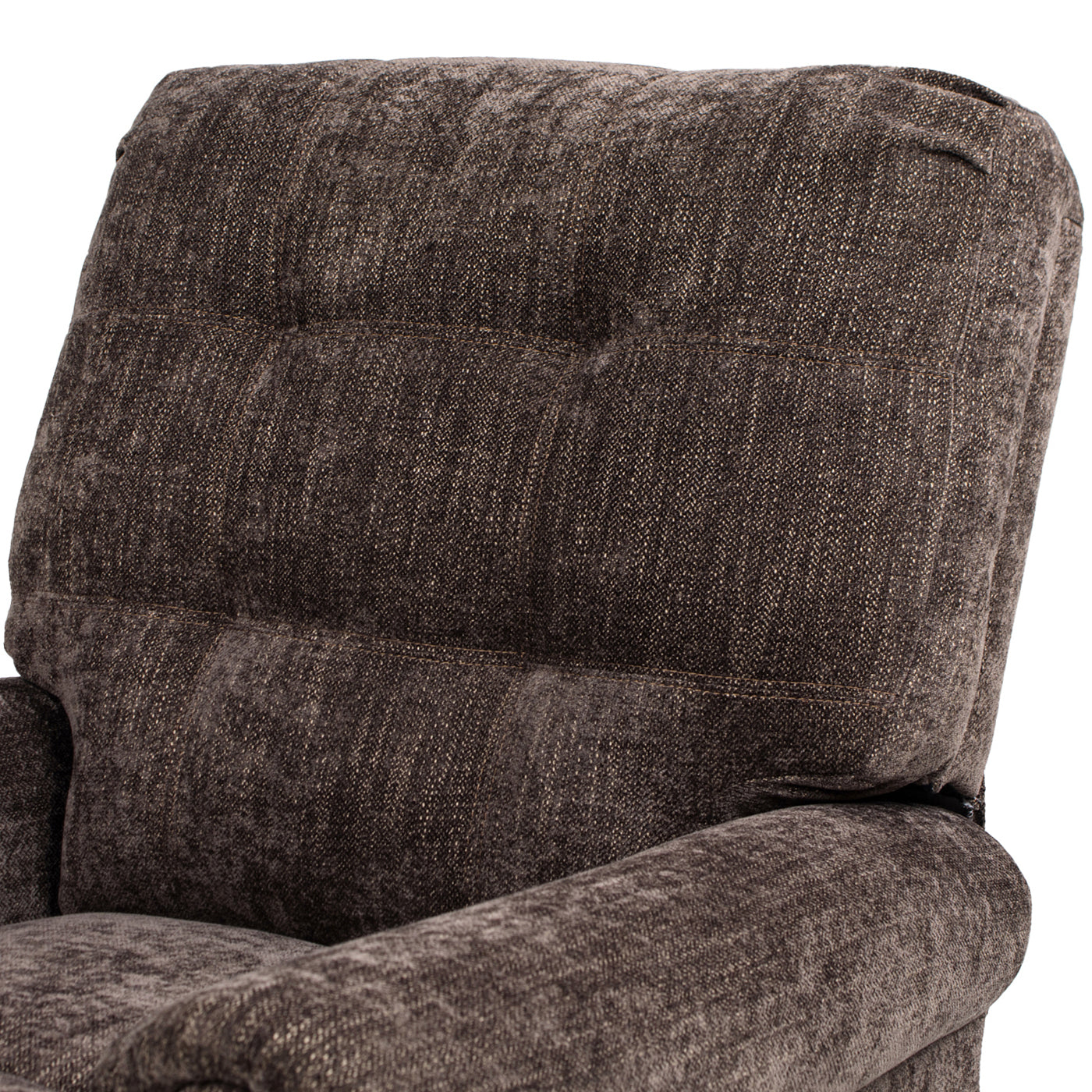 Padded dark brown upholstered recliner headrest with textured fabric detail