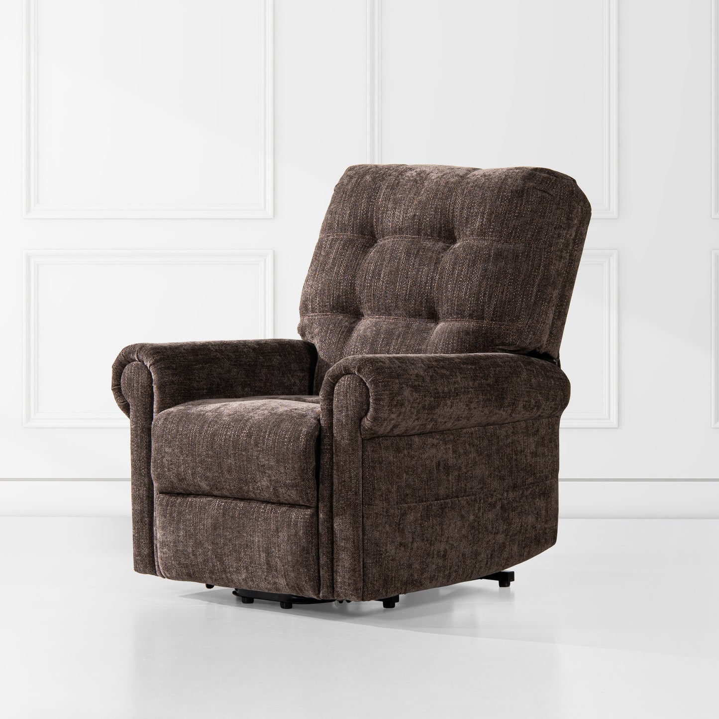 Plush brown fabric lift recliner chair with tufted backrest and padded arms