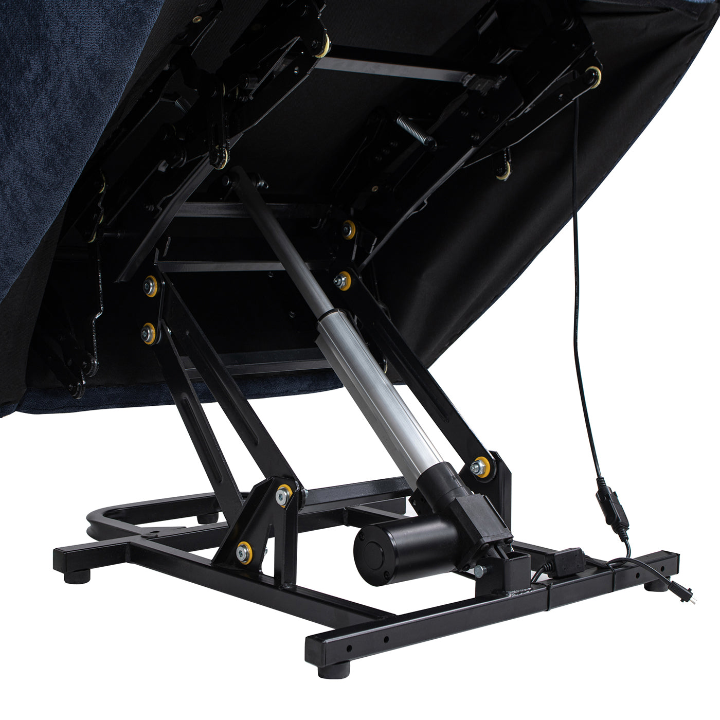 Closeup of electric recliner lift mechanism with silver cylinder and black motor