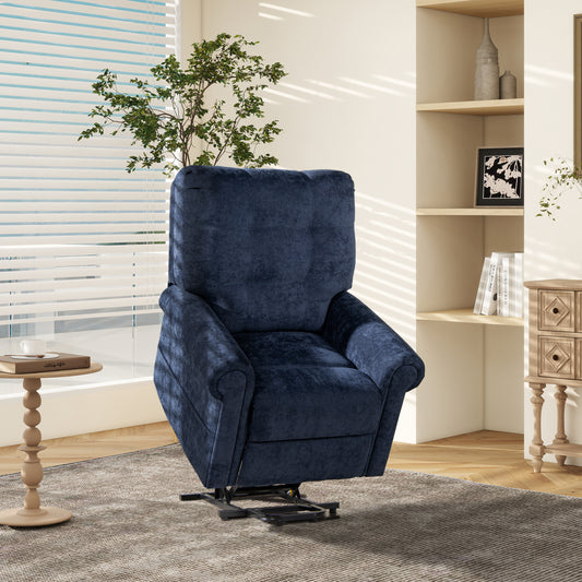 Navy blue plush fabric lift chair with plush back and armrests
