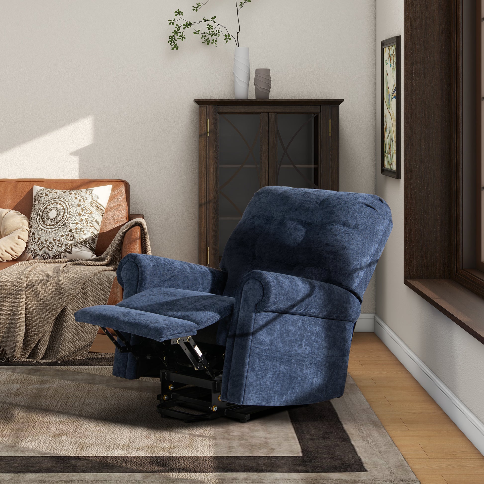 Plush navy blue fabric recliner chair with detailed stitching ready for relaxation
