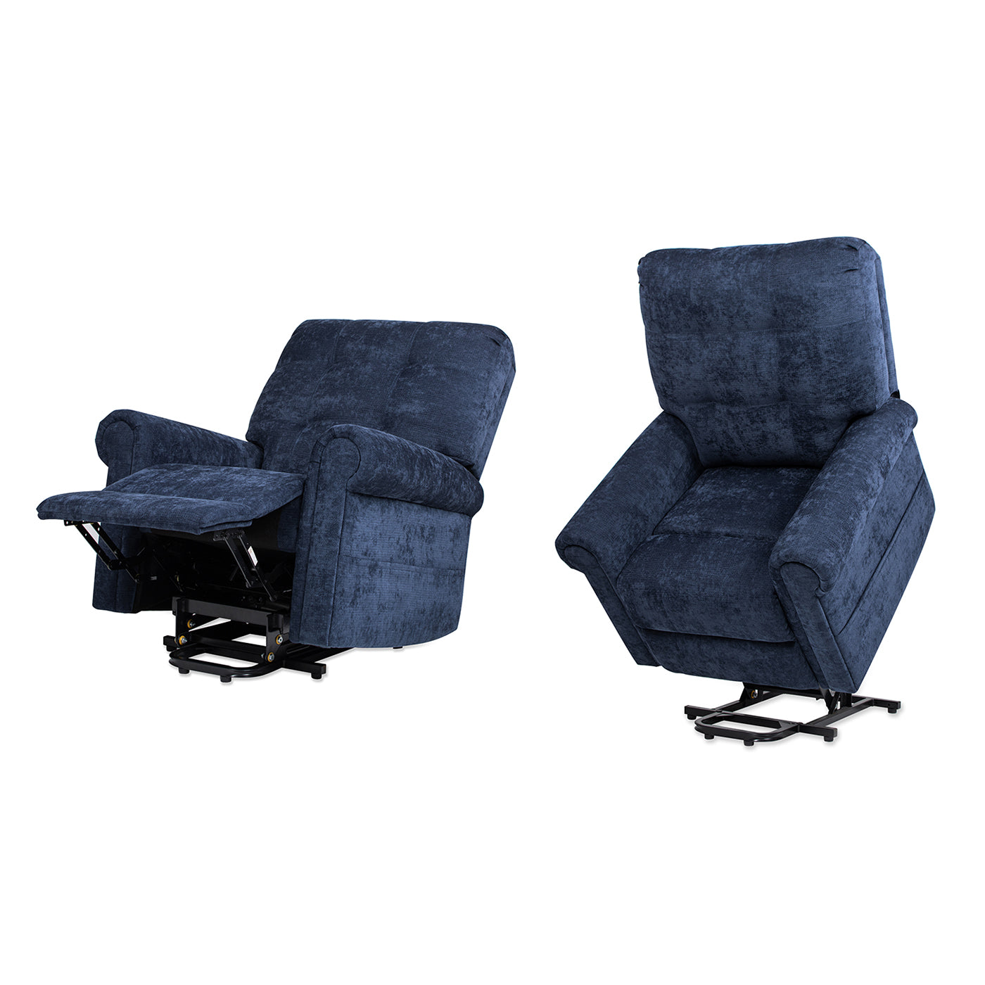 Navy blue upholstered lift recliner chair with extended footrest