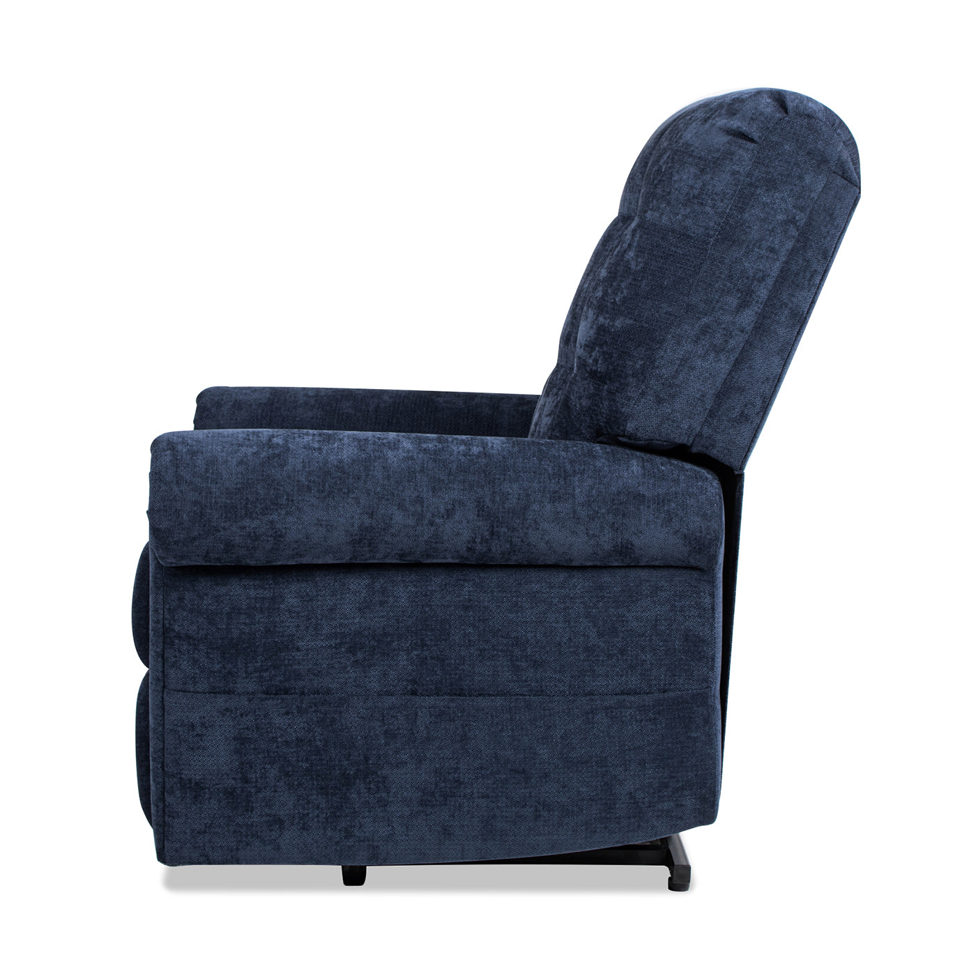 Navy blue upholstered recliner chair with plush cushioning on white background