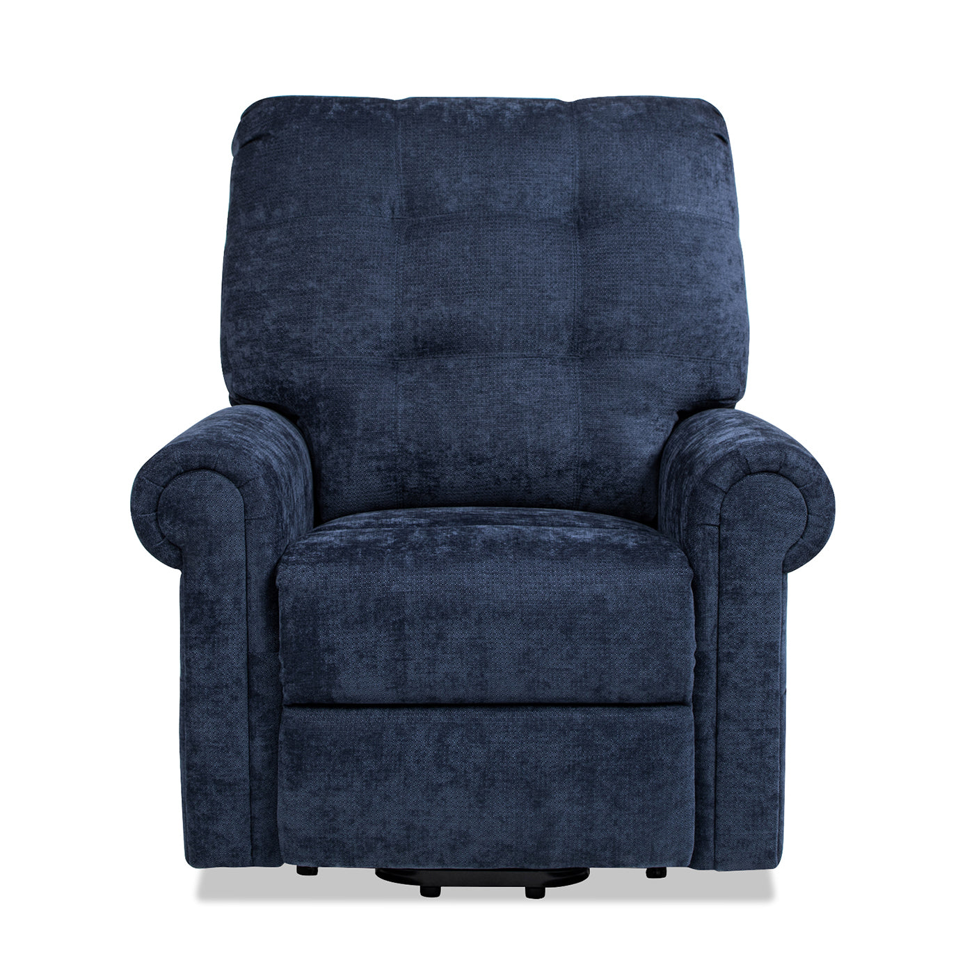 Navy blue tufted upholstered recliner chair with rolled arms and a plush seat