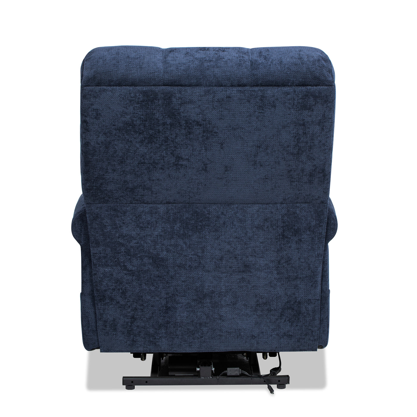 Dark blue fabric recliner chair plush velvet texture with power lift mechanism visible
