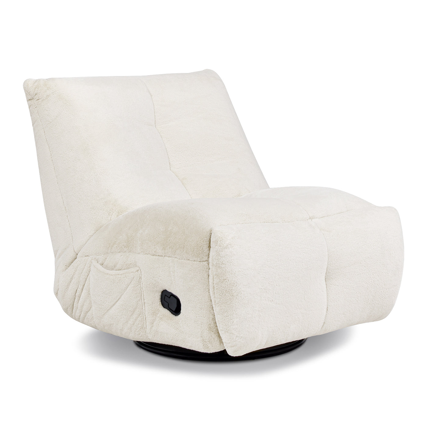 Cream swivel recliner chair with plush fabric upholstery and side pocket
