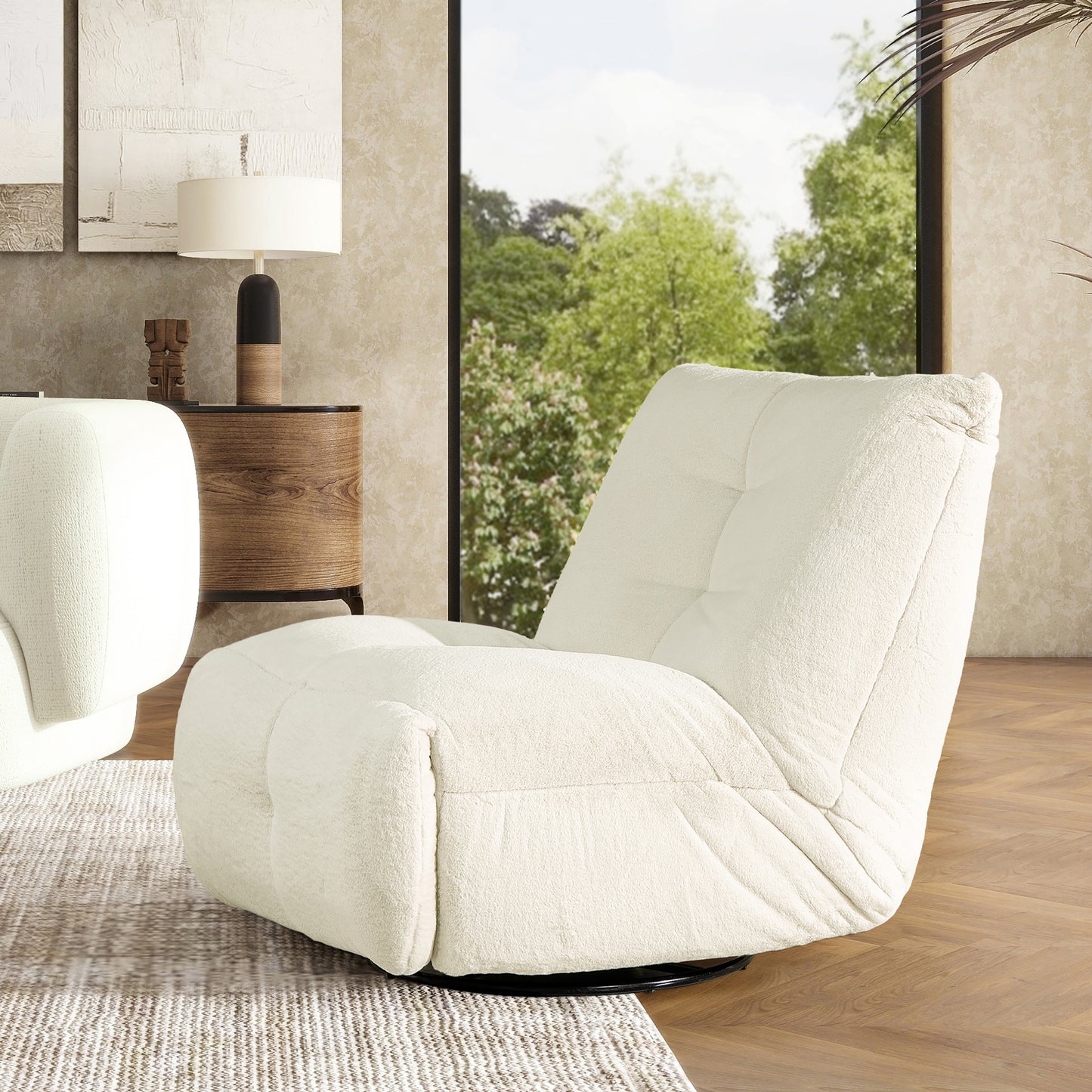Plush ivory swivel accent chair with deep button tufting for modern living rooms