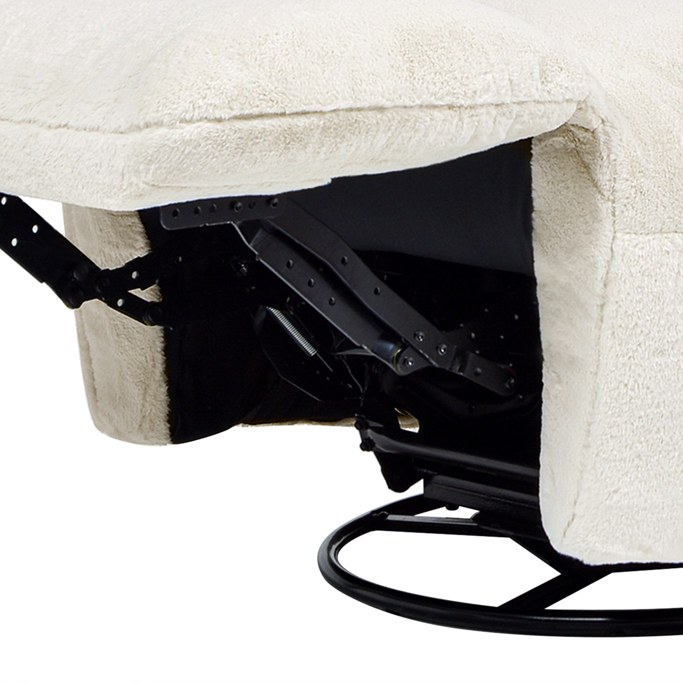 Cream plush recliner with exposed metal reclining mechanism and swivel base