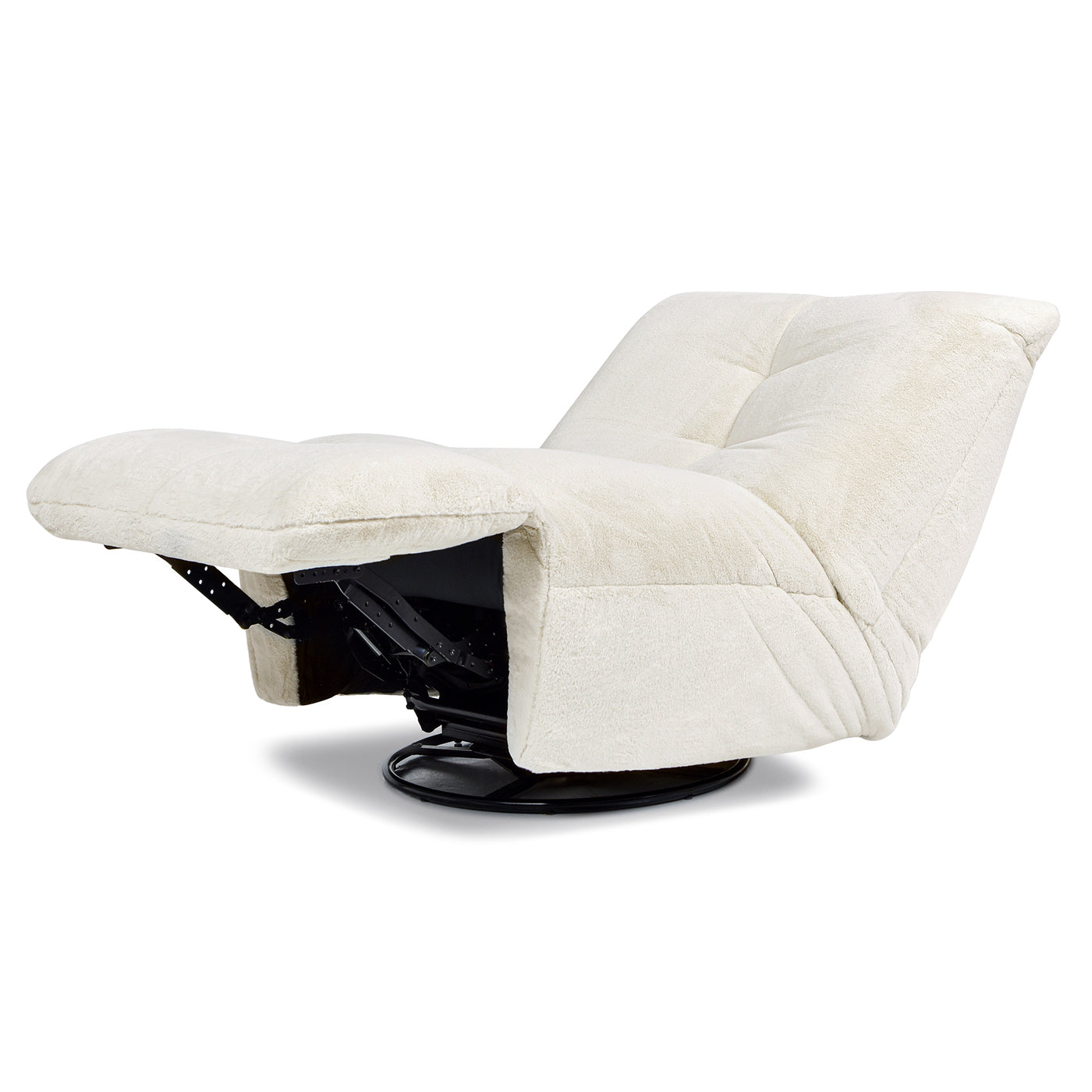 Plush ivory swivel recliner with a tufted back and extendable footrest