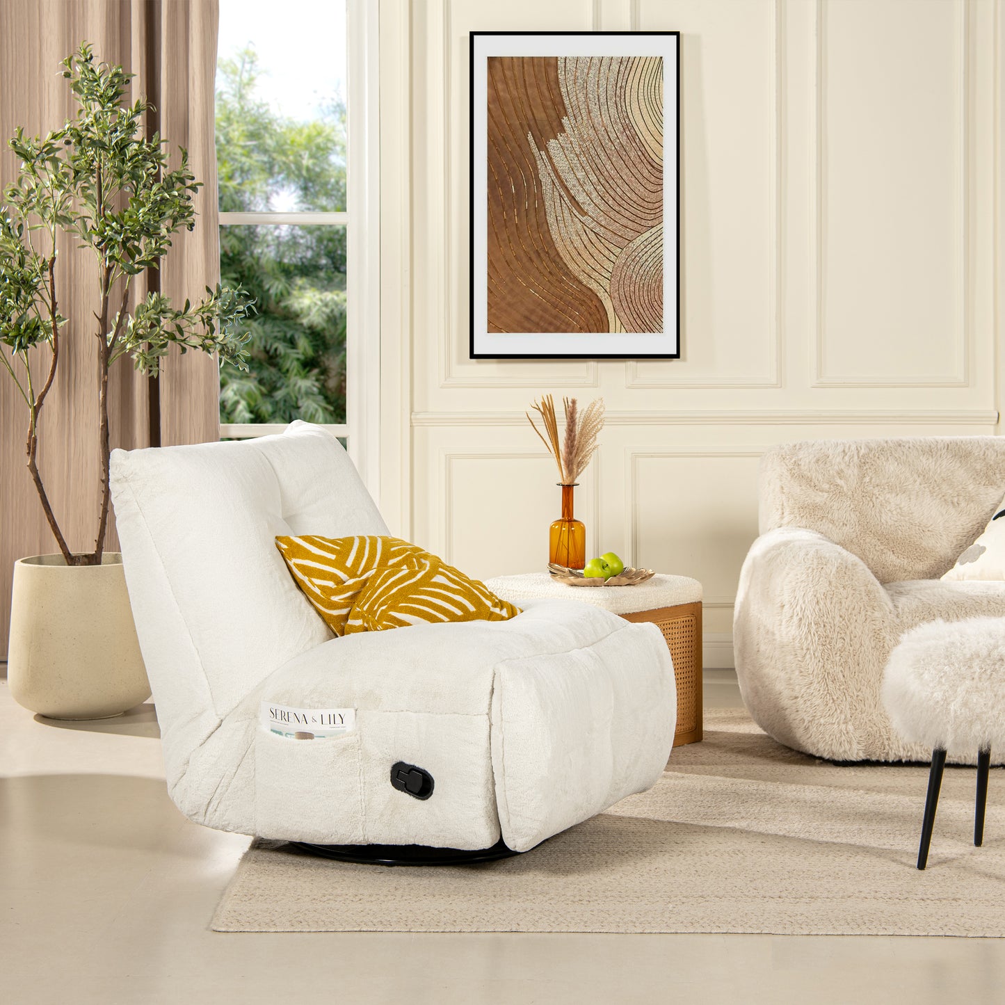 Cream plush recliner armchair with yellow accent pillow perfect for living rooms