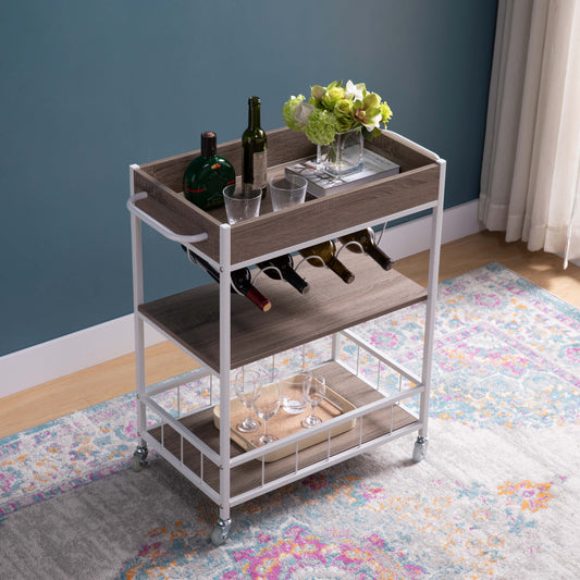 Compact rolling bar cart with wood finish shelves and white frame