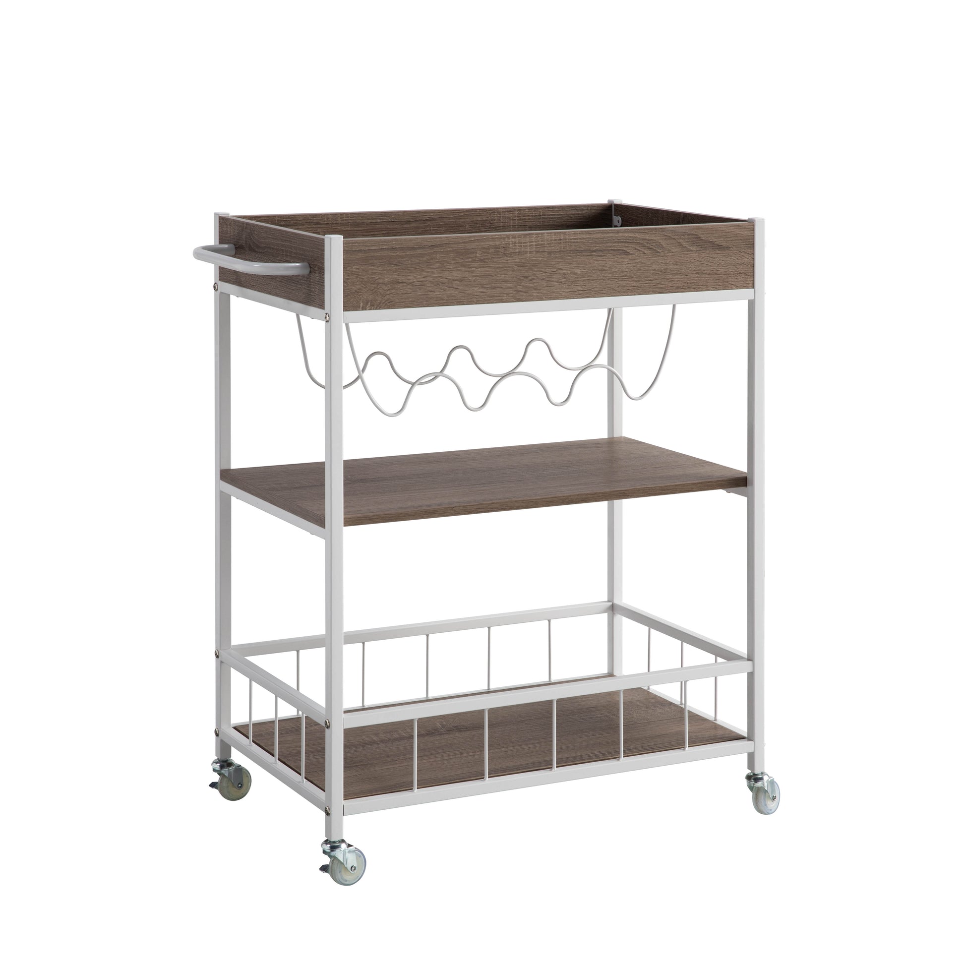 Threetier rolling bar cart with white metal frame and wood grain shelves