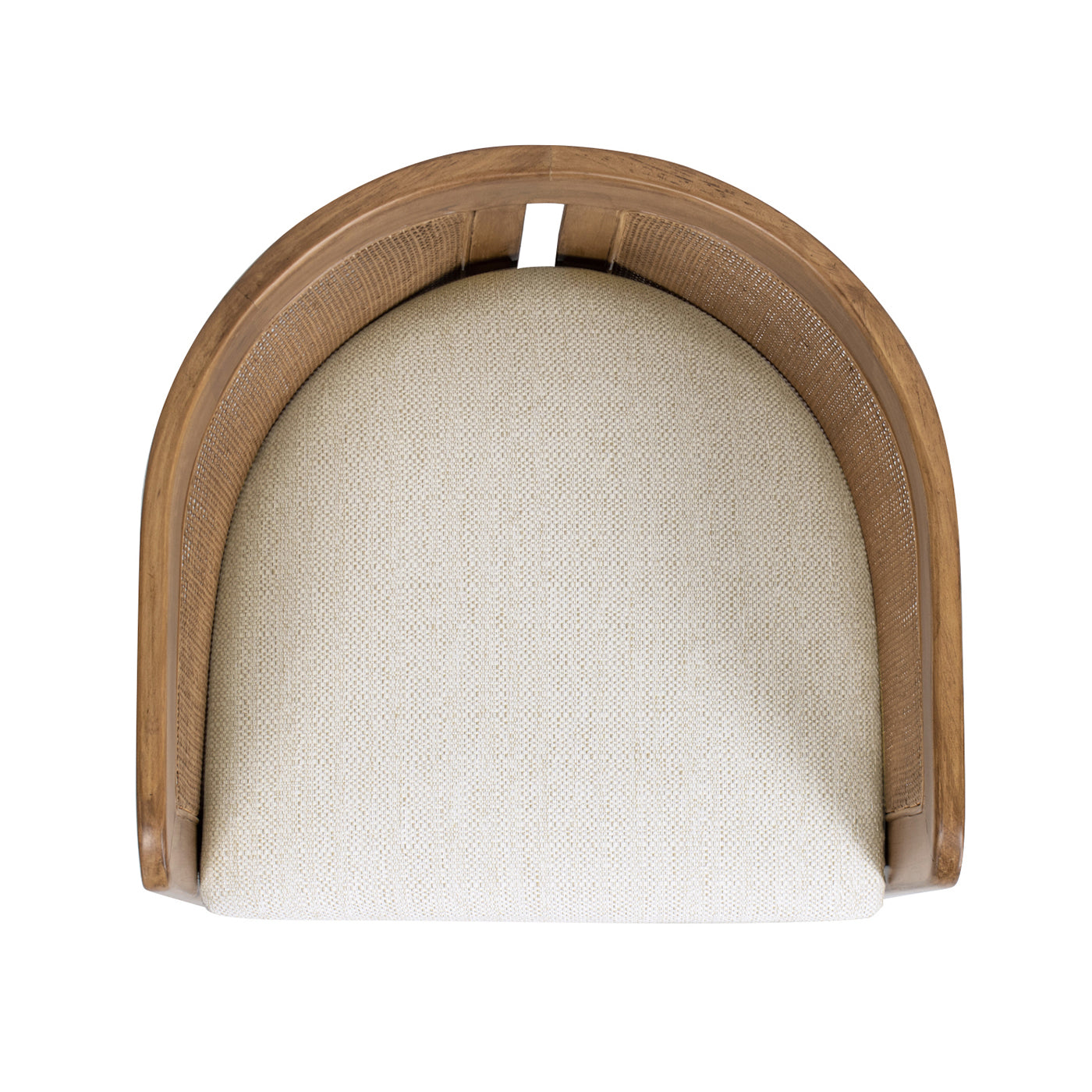 Top view of a natural wood armchair with woven cane sides and ivory upholstered seat