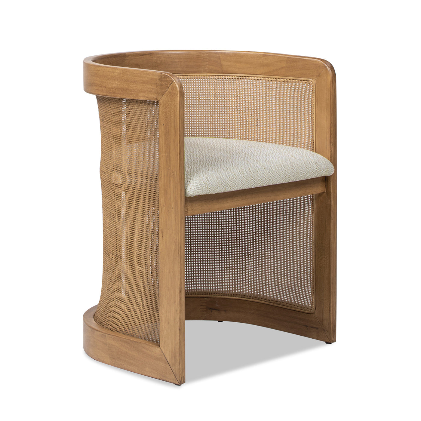 Natural wood armchair with woven cane sides and a light beige upholstered seat