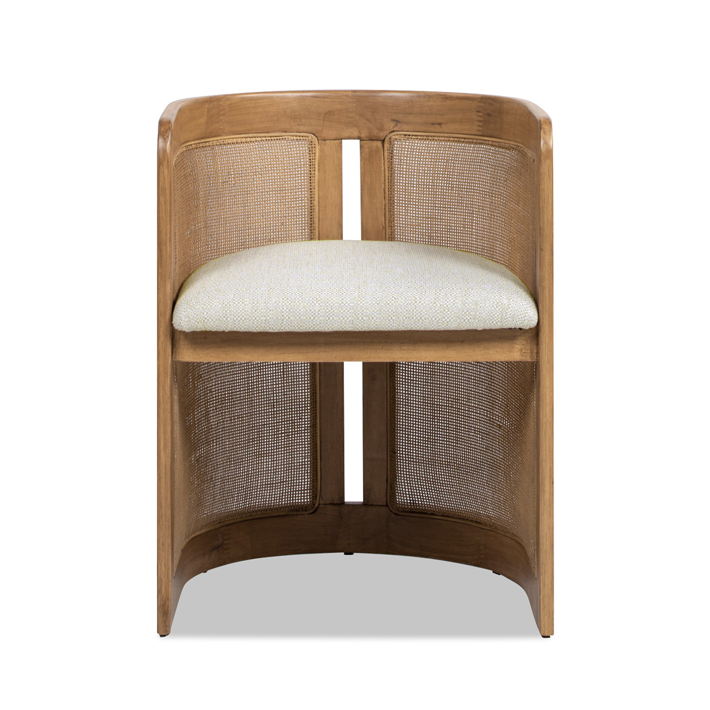 Natural wood and cane accent chair with a light woven seat cushion