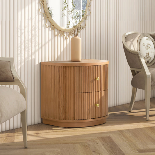 Elegant curved wood nightstand with fluted details and two brass pull drawers