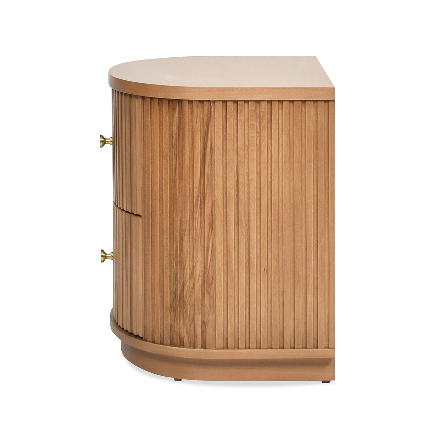 Natural wood bedside table with fluted detail and brass knobs