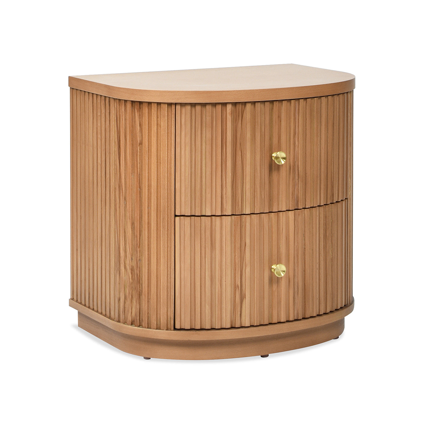 Curved light wood nightstand with fluted drawer fronts and brass knobs