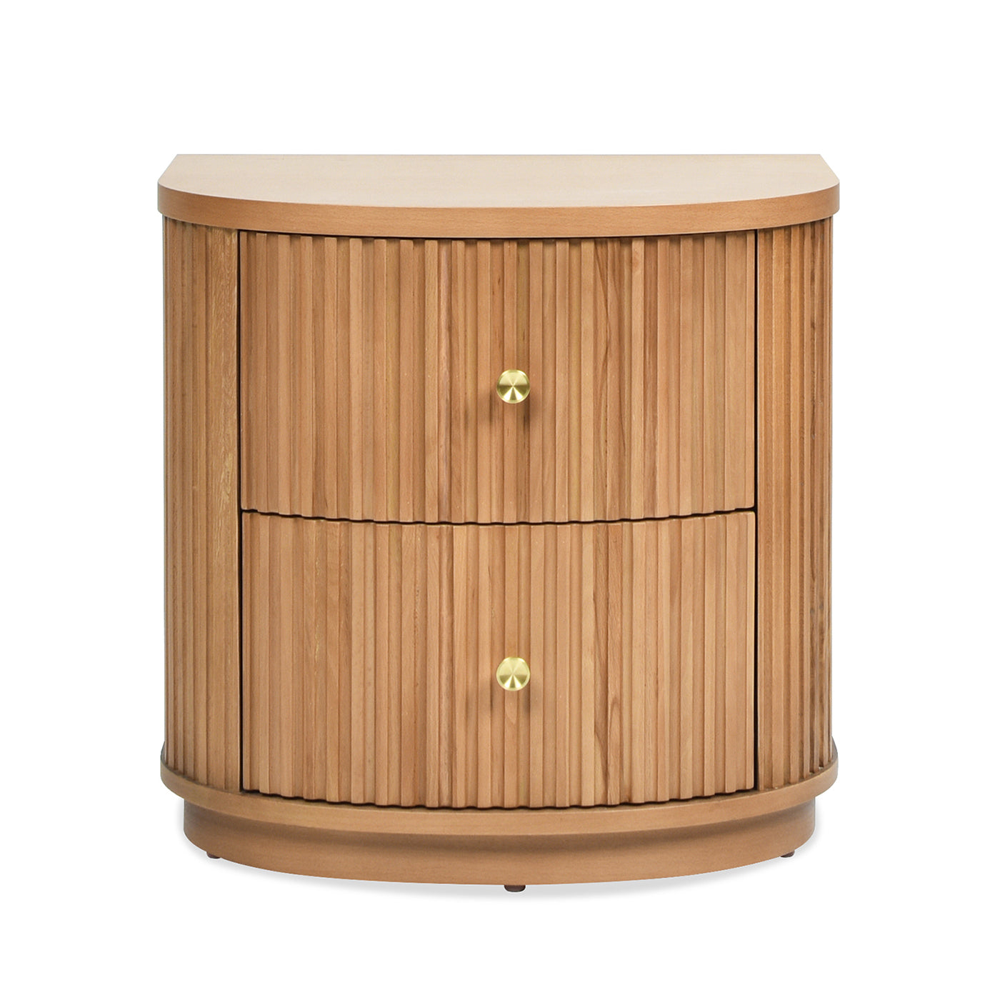 Curved oak wood nightstand with fluted drawer fronts and brass knobs modern bedroom furniture